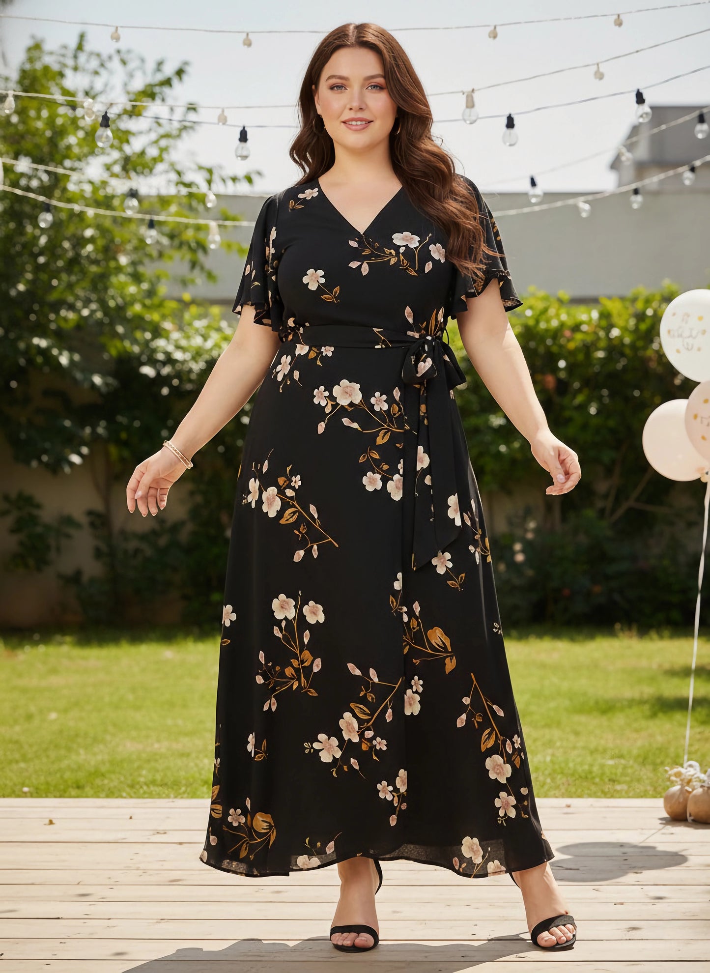 Plus Size Black & White Floral Printed V-Neck Tie-Up Flutter Sleeve Thigh-High Slit Flared Wrap Maxi Dress