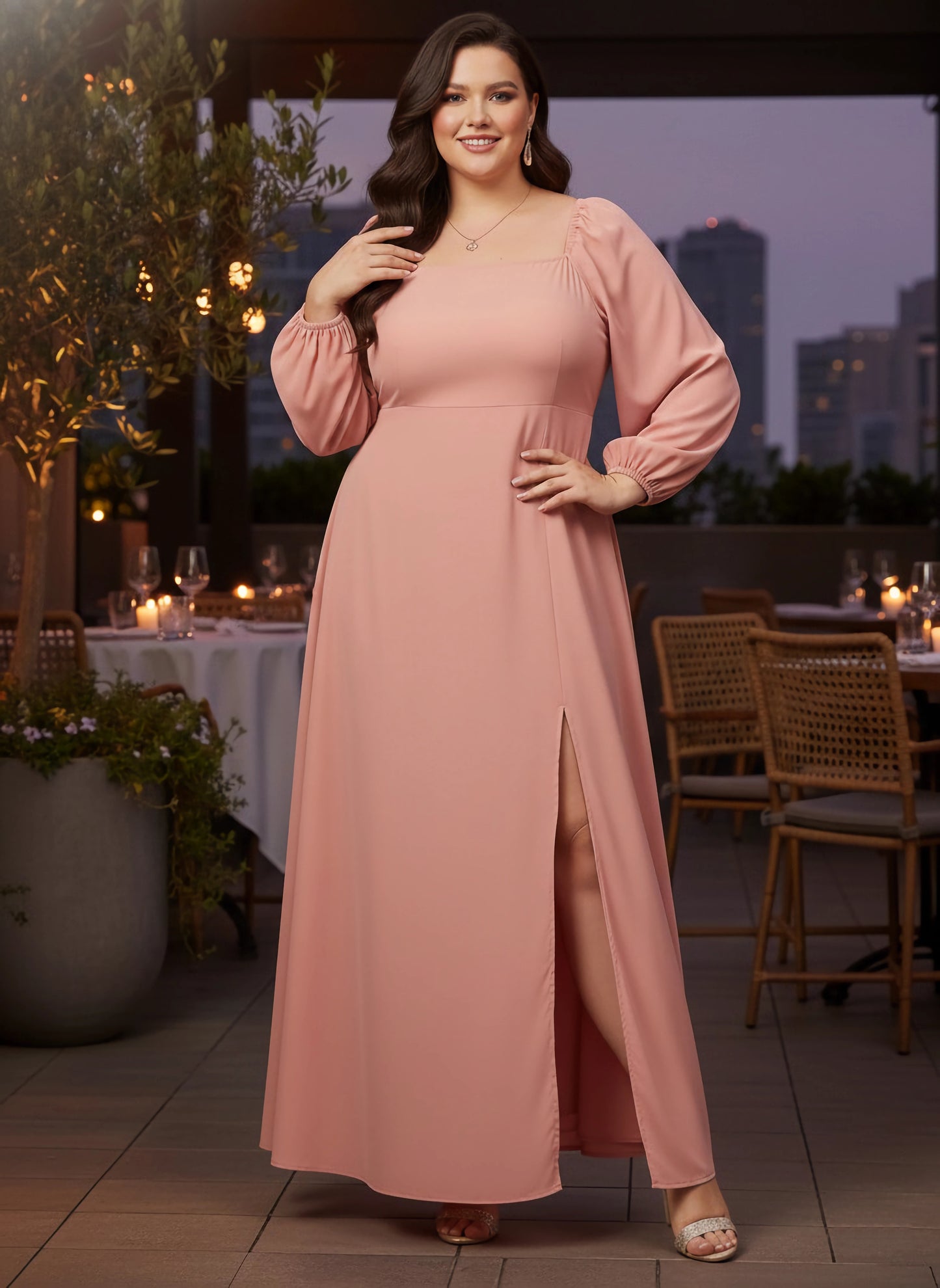 Berrylush Curve Women Solid Peach Square Neck Crepe Thigh-High Slit Flared A-Line Maxi Dress