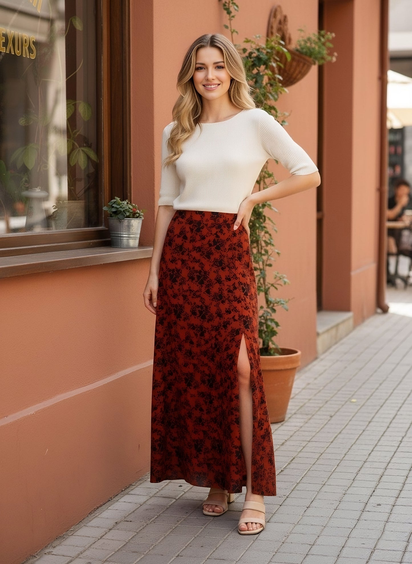 Berrylush Women Brown Floral Print High Rise A-Line Midi Skirt