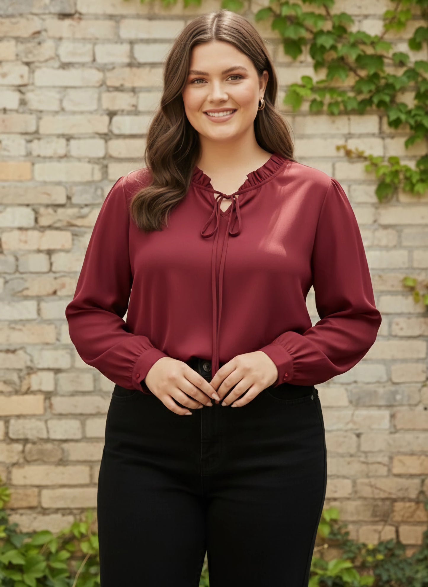 Berrylush Women Plus Size Solid Maroon Tie-Up Neck Cuff Sleeves Crepe Ruffled Regular Top