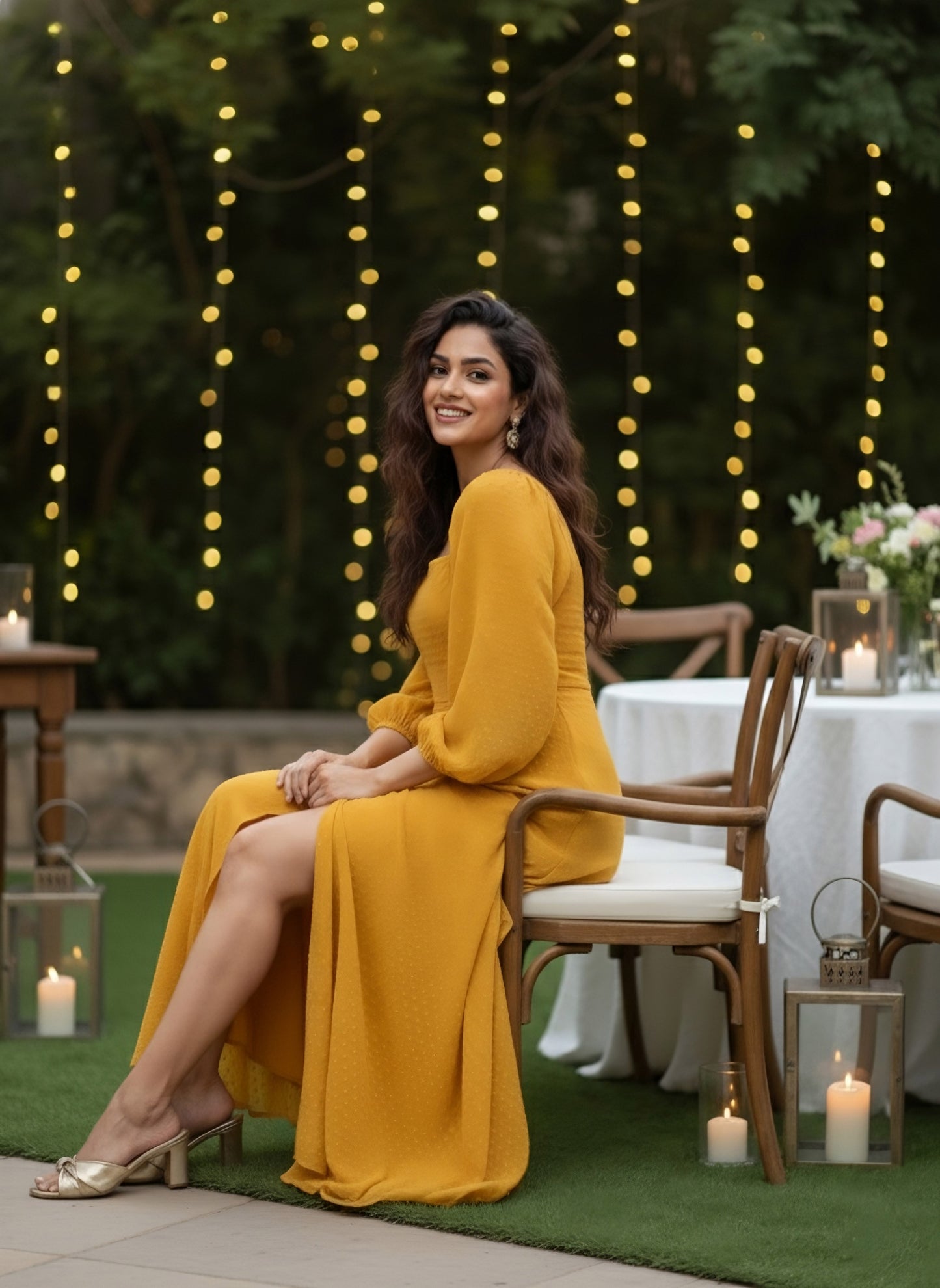 Berrylush Women Mustard Yellow Self-Design Patterned Puff Sleeves Maxi Dress