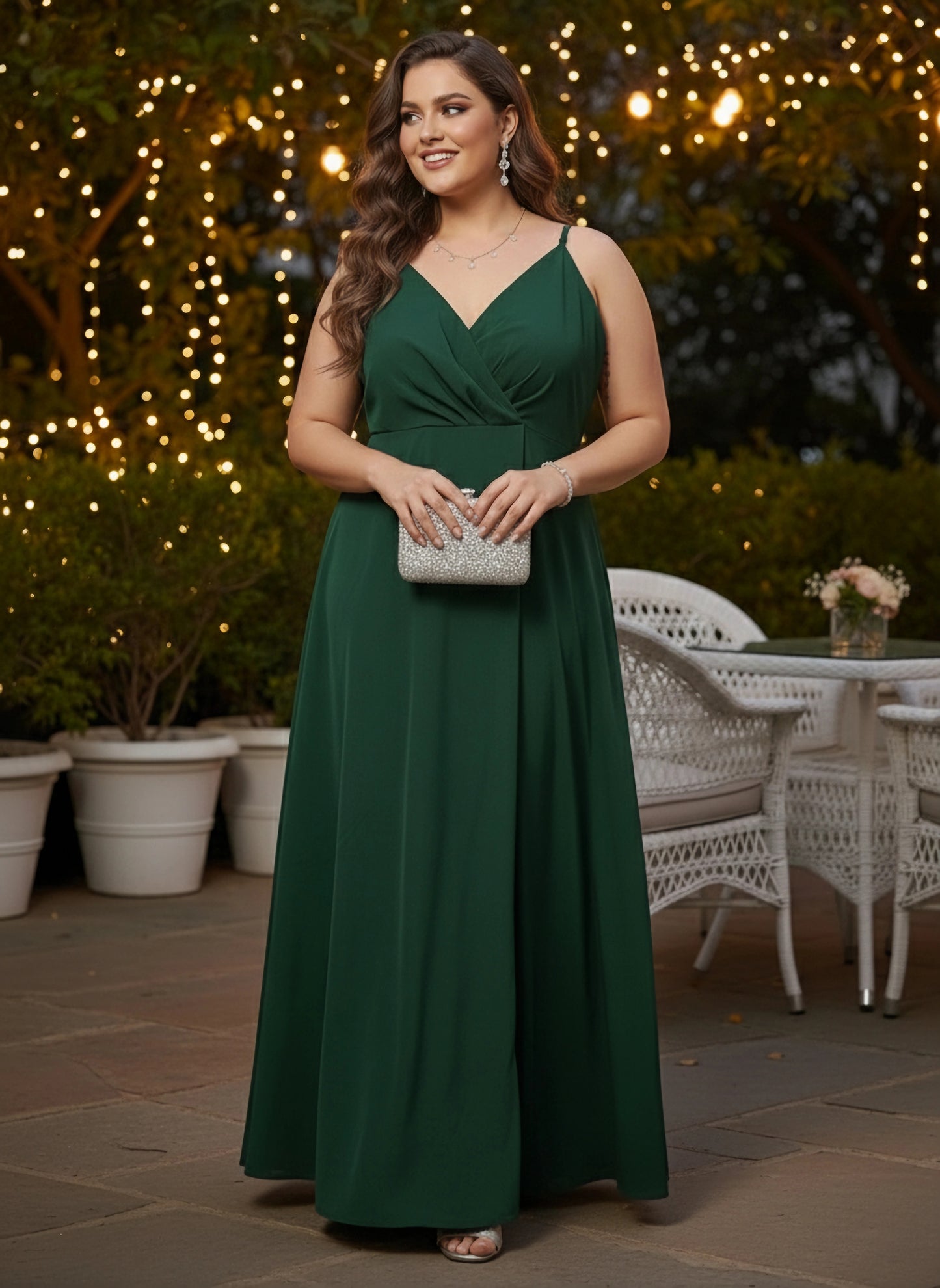 Berrylush Women Plus Size Solid Green V-Neck Sleeveless Crepe Thigh-High Slit Fit & Flare Wrap Maxi Dress