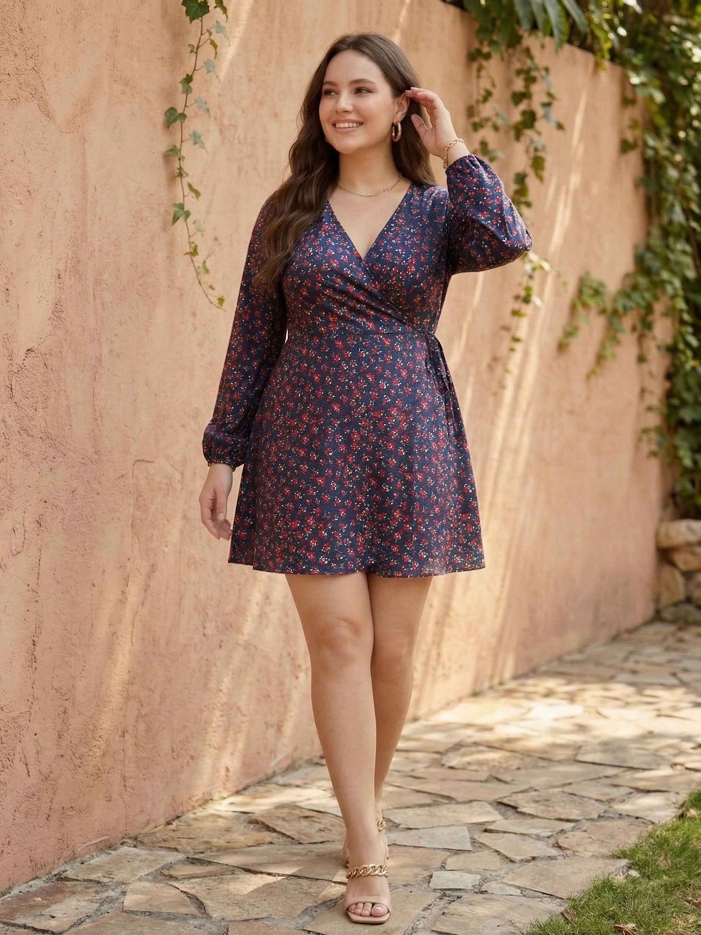 Berrylush Women Plus Size Navy Blue & Red Floral Printed V-Neck Waist Tie-Up Fit & Flare Wrap Mini Dress