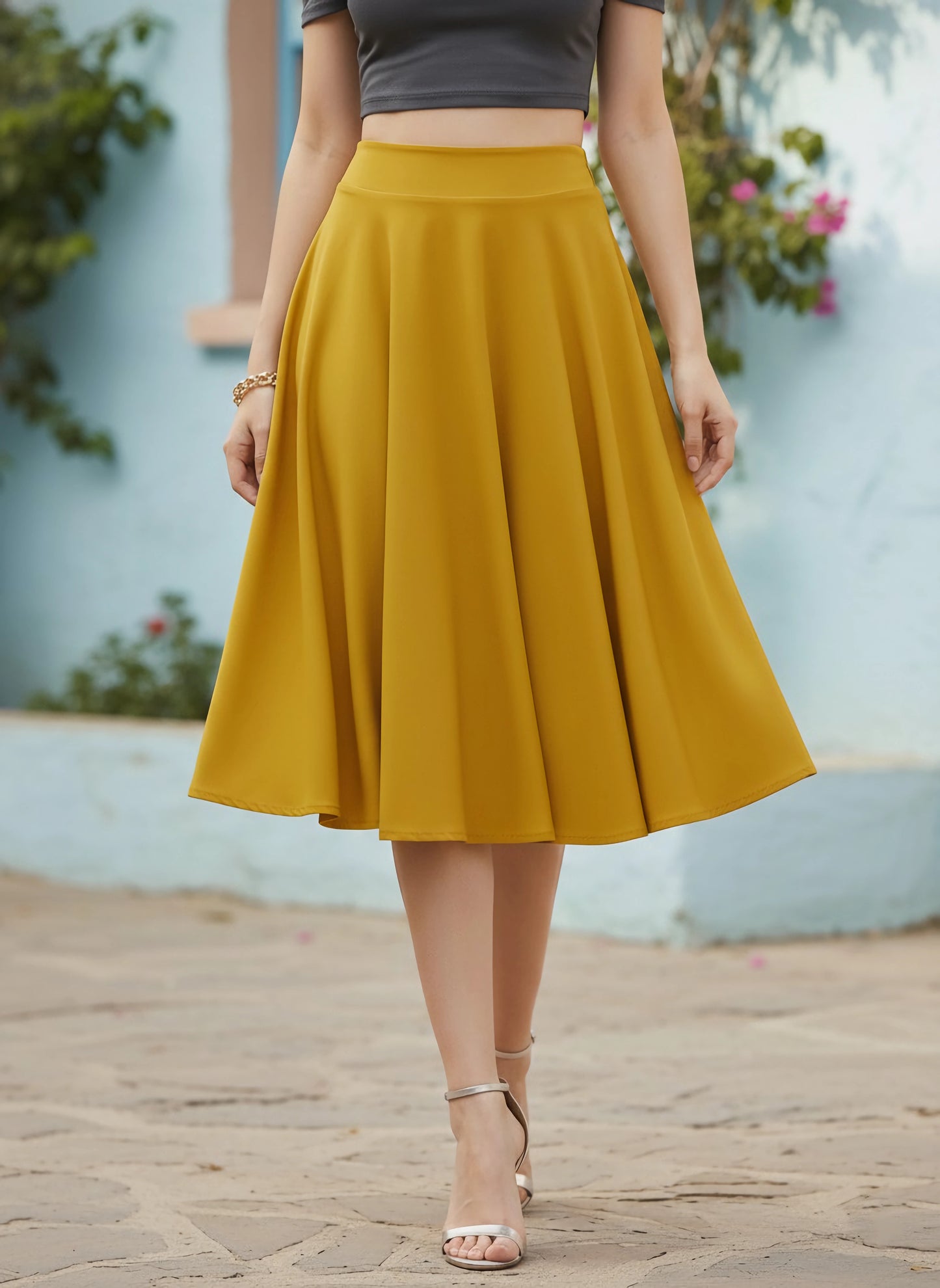 Berrylush Women Solid Yellow High-Rise Flared Midi Skirt