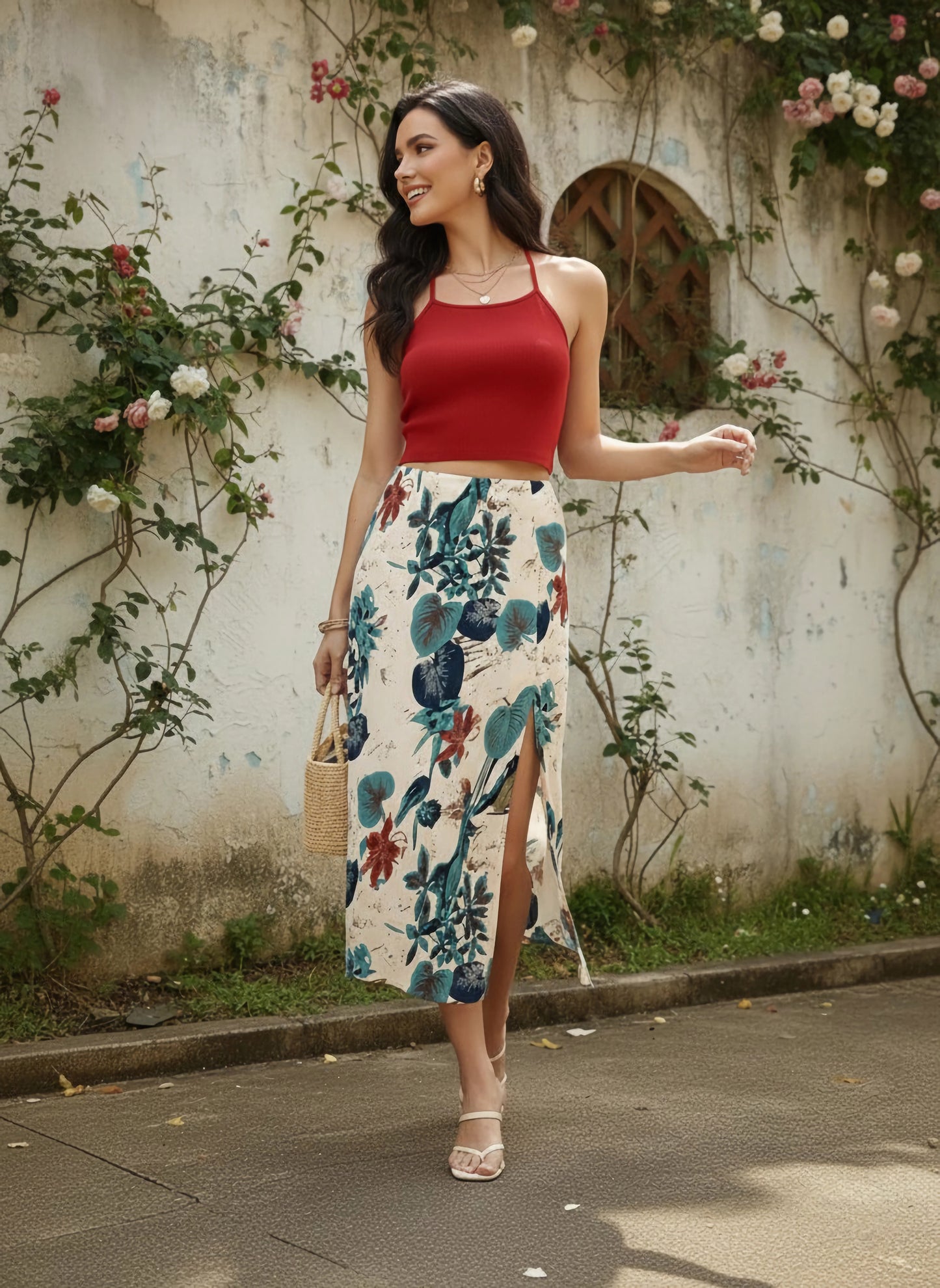 Berrylush Women White Tropical Printed Thigh Slit A-Line Midi Skirt
