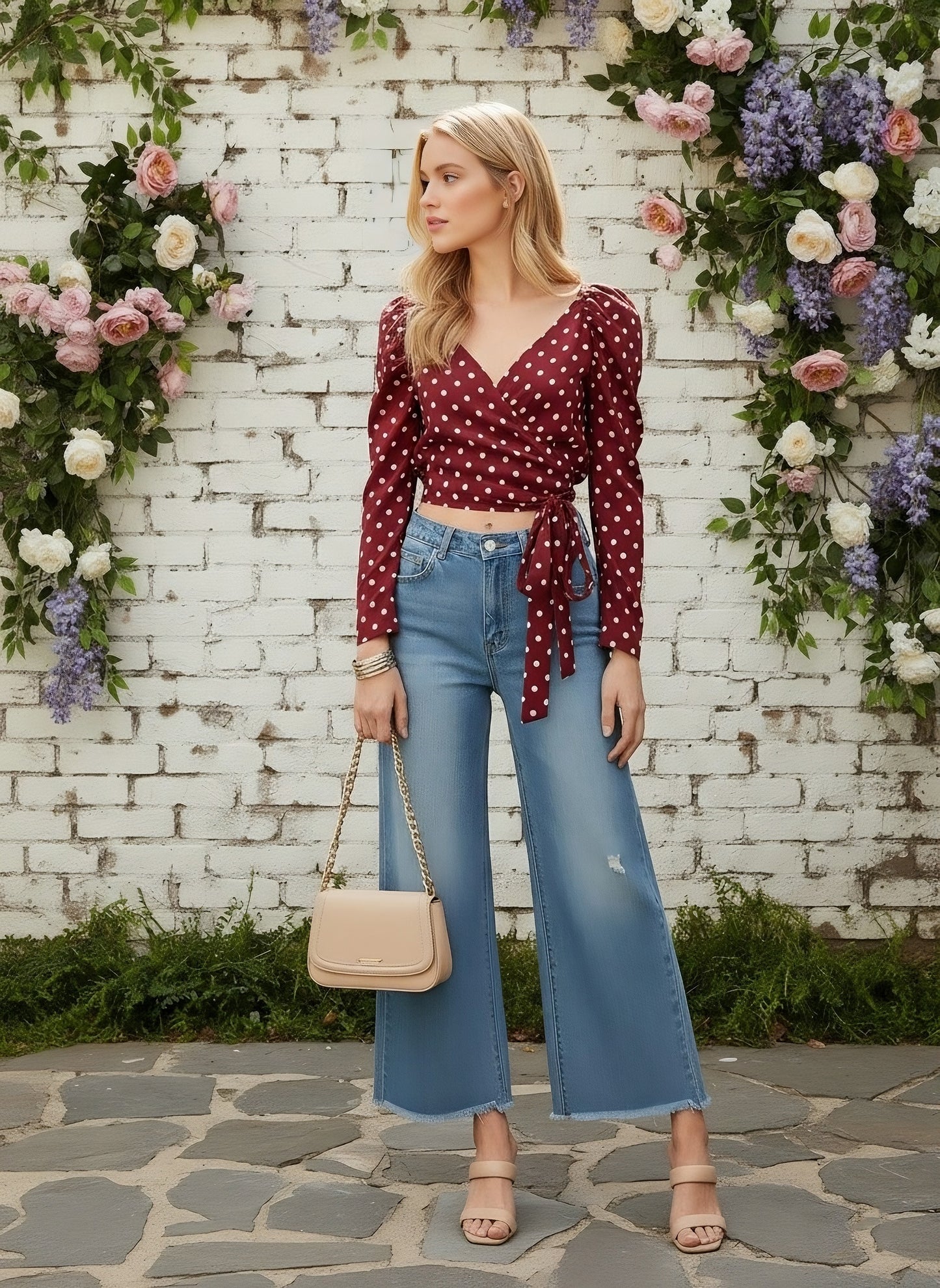 Berrylush Women Red Puff Sleeve Wrap Polka-Dot Crop Top