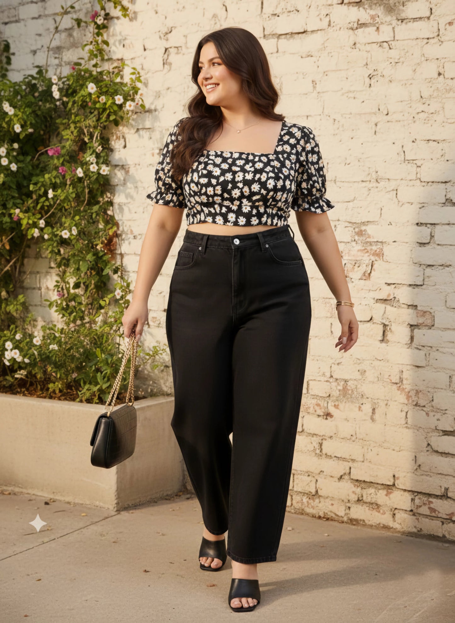 Curve Black & White Floral Printed Square Neck Puff Sleeves Backless Tie-Up Cropped Top