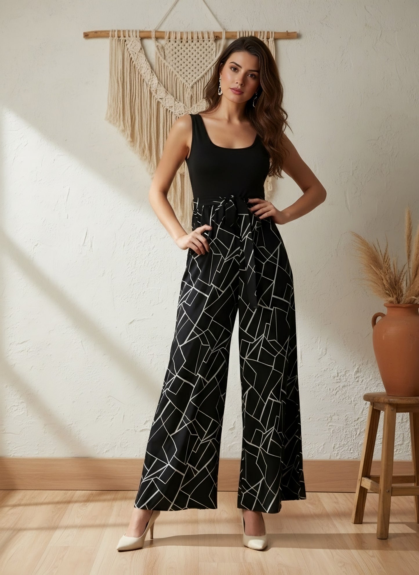 Berrylush Women Black & White Geometric Printed Round Neck Sleeveless Waist Tie-Up Wide Leg Regular Jumpsuit