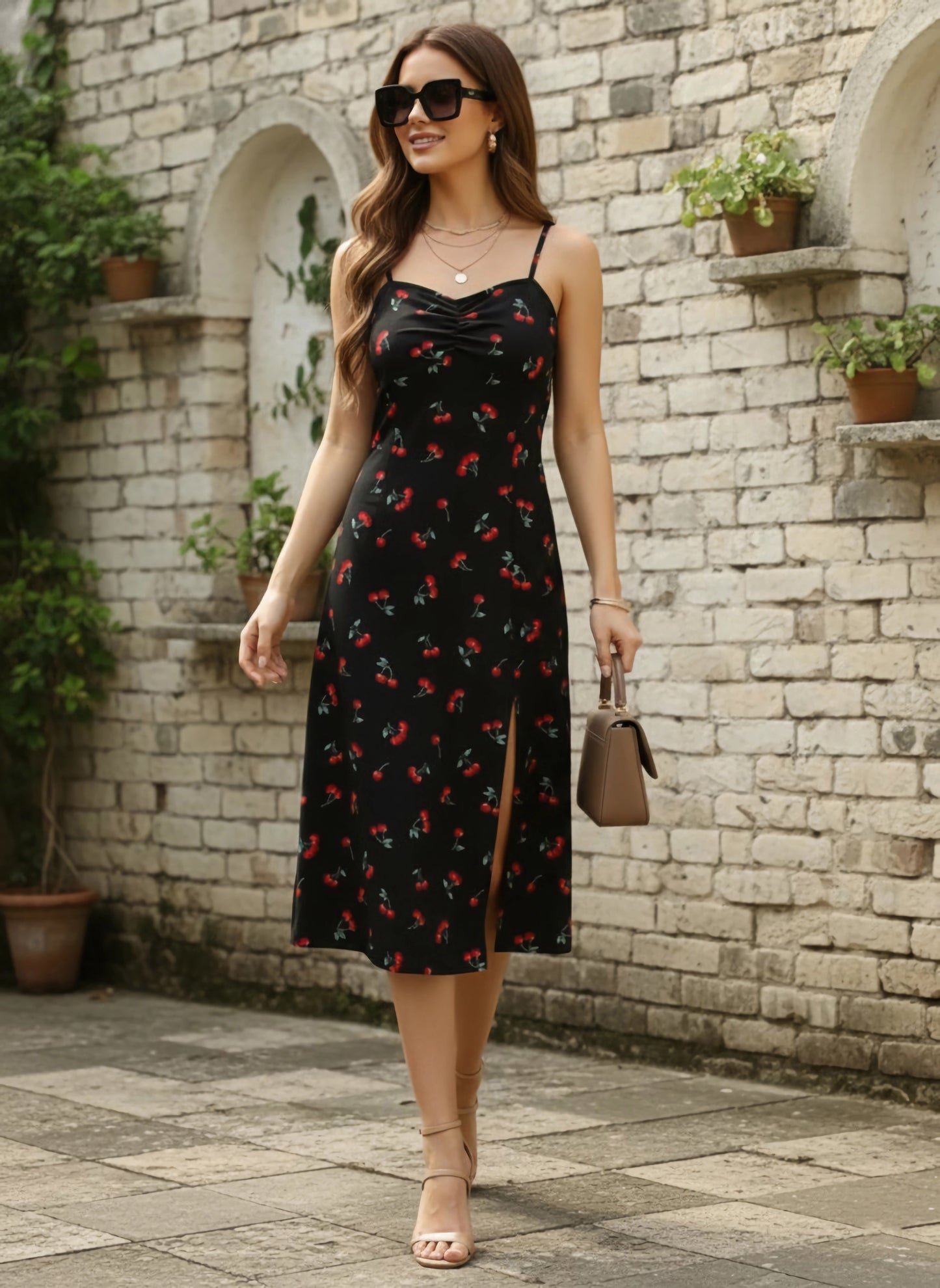 Berrylush Women Black & Red Cherry Printed Sweetheart Neck Straight Hem Slited A-Line Midi Dress