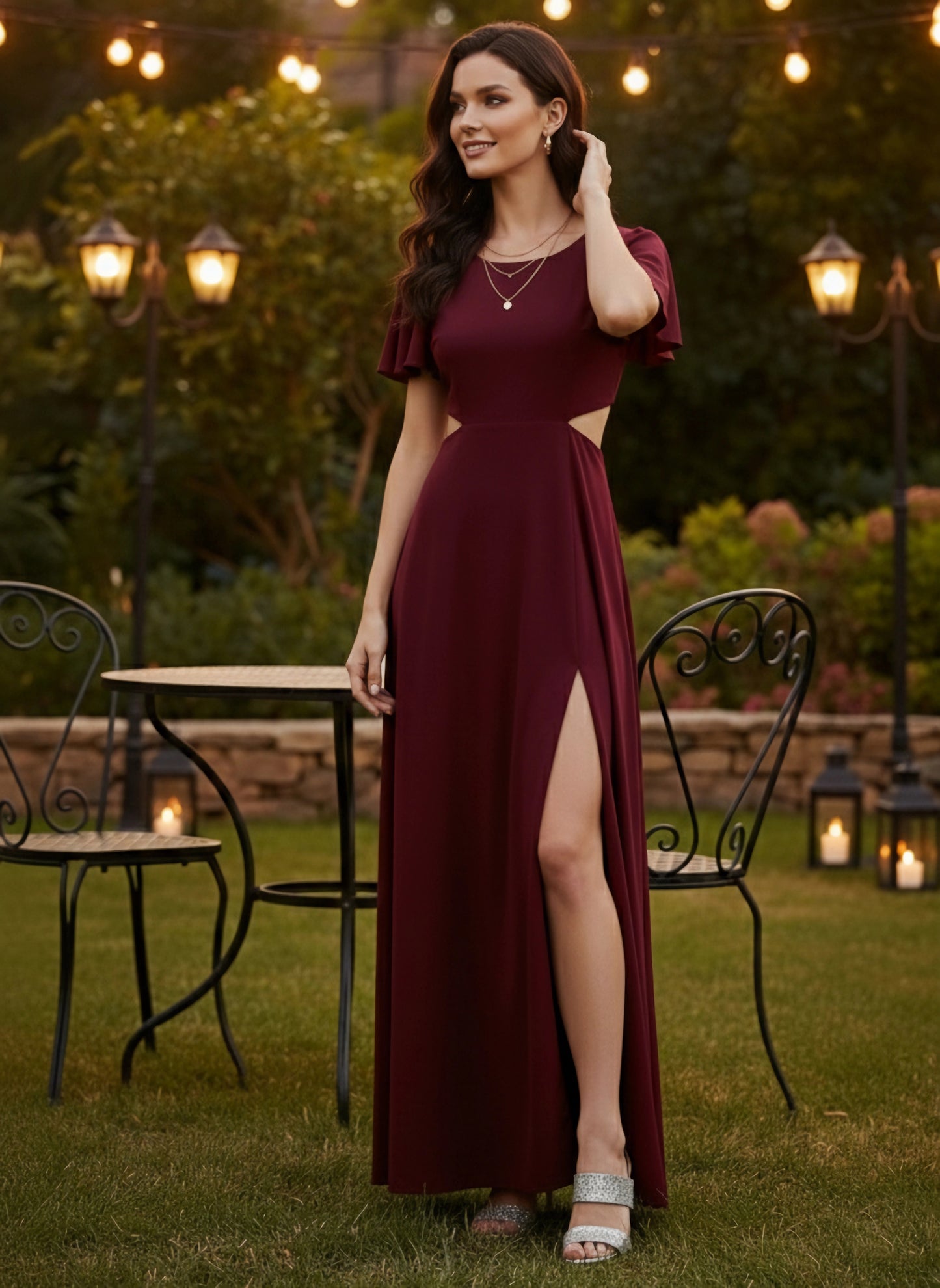 Solid Maroon Round Neck Cutout Crepe Thigh-High Slit Fit & Flare Maxi Dress