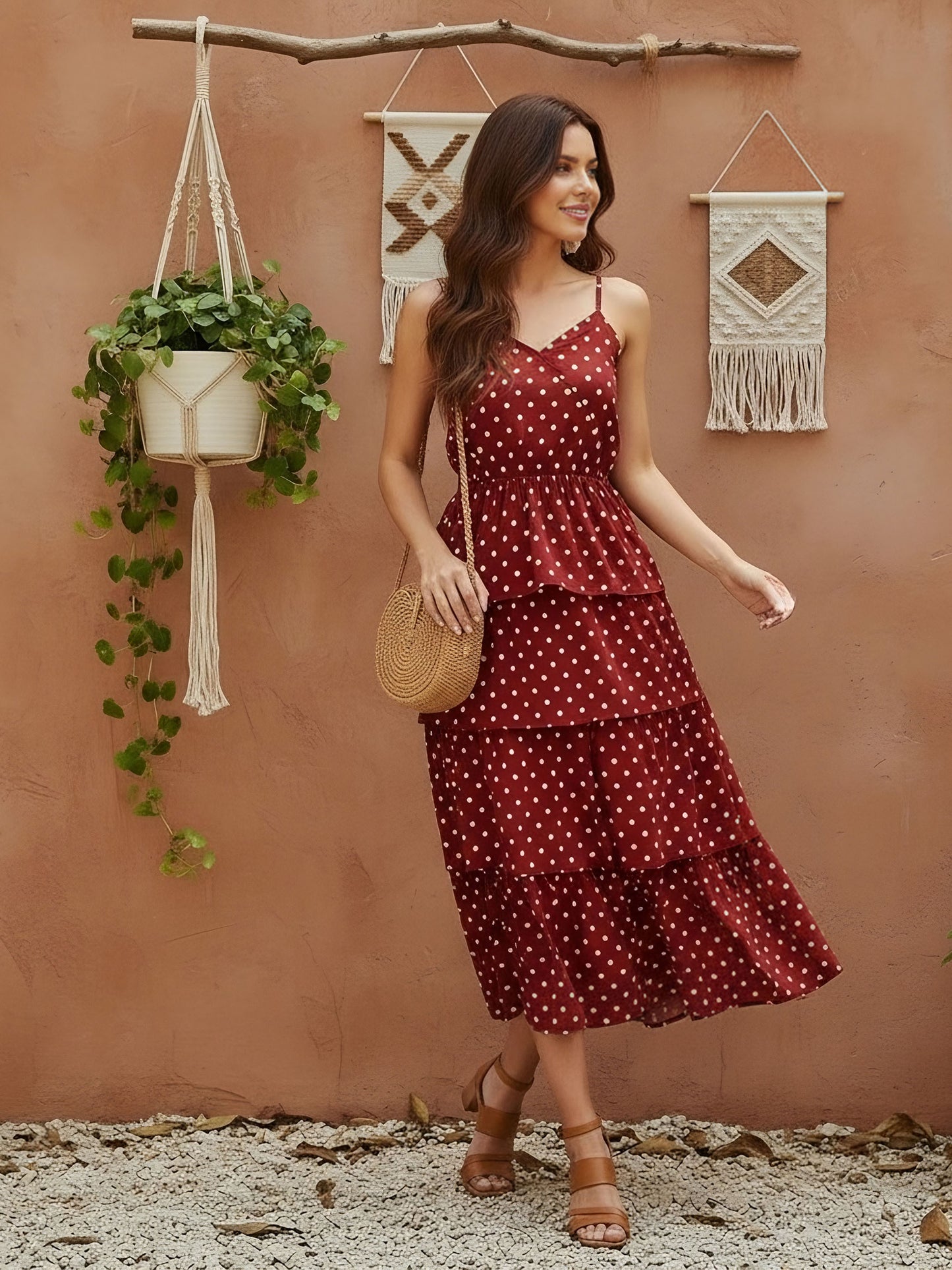 Berrylush Women Red Polka Dot Printed V-Neck Tiered Fit & Flare Midi Dress