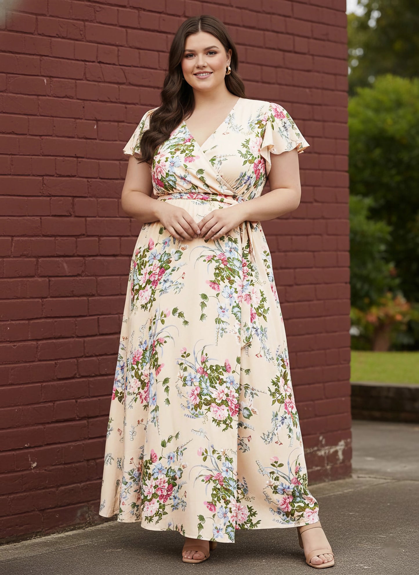 Plus Size Beige & Pink Floral Printed V-Neck Flutter Sleeve Tie-Up Waist Flared Maxi Dress