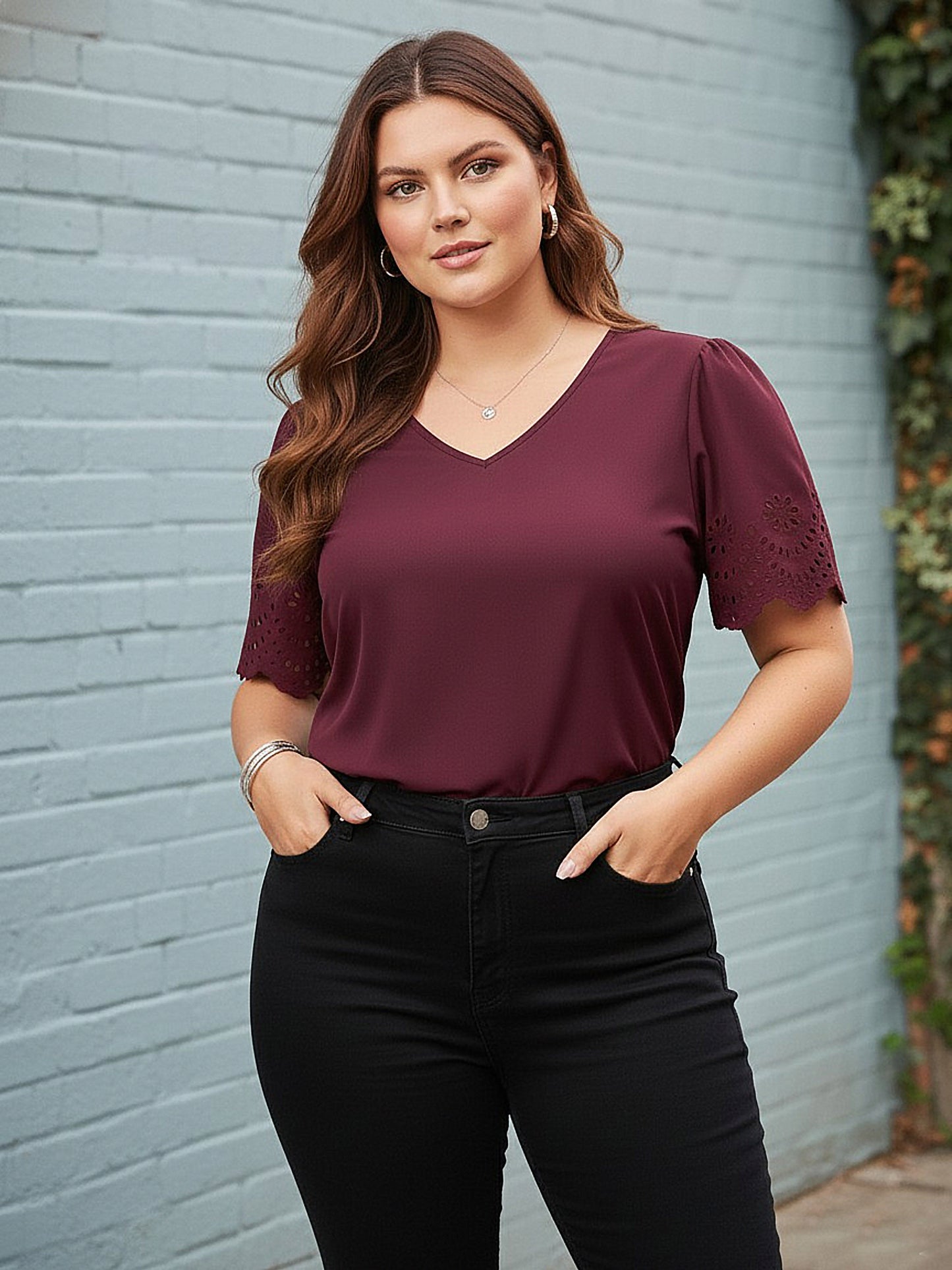 Curve Solid Maroon V-Neck Short Cutout Sleeves Woven Regular Top