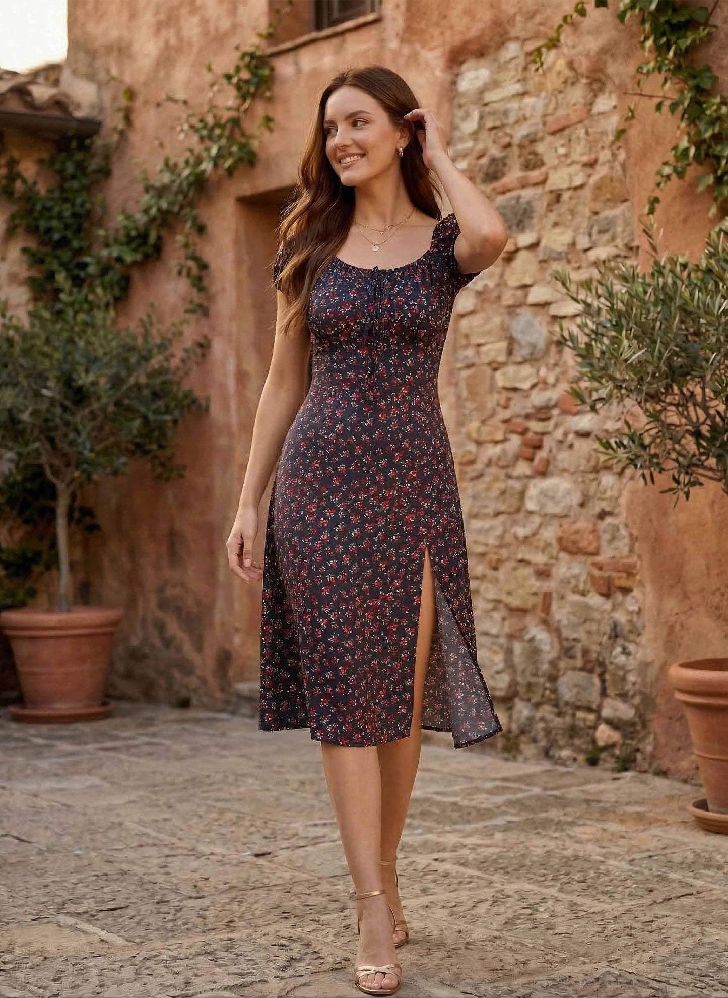 Berrylush Women Navy Blue Ditsy Floral Printed A-Line Flared Midi Dress