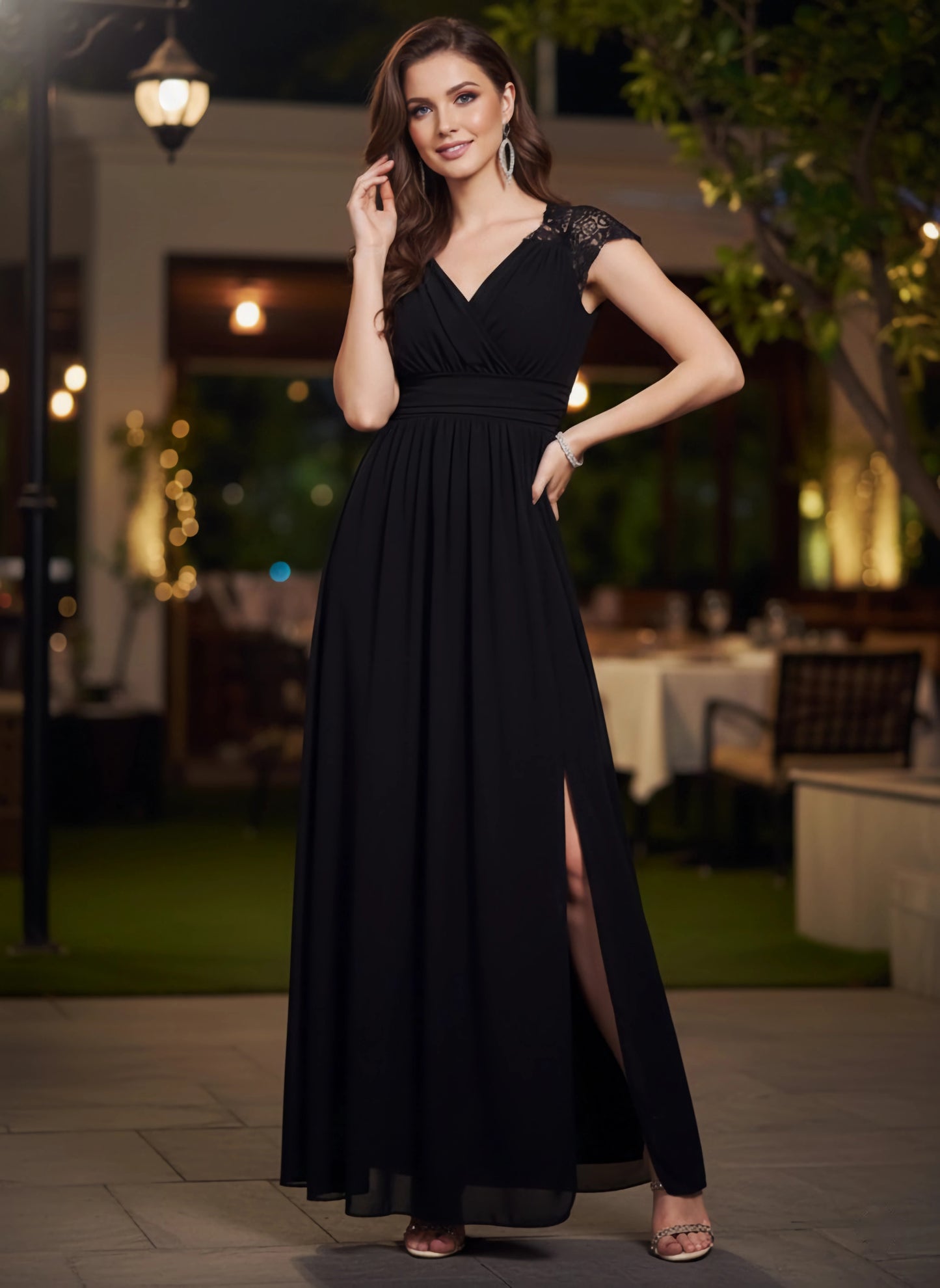 Berrylush Women Solid Black Sweetheart Neck Lace-Up Thigh-High Slit Flared Maxi Dress