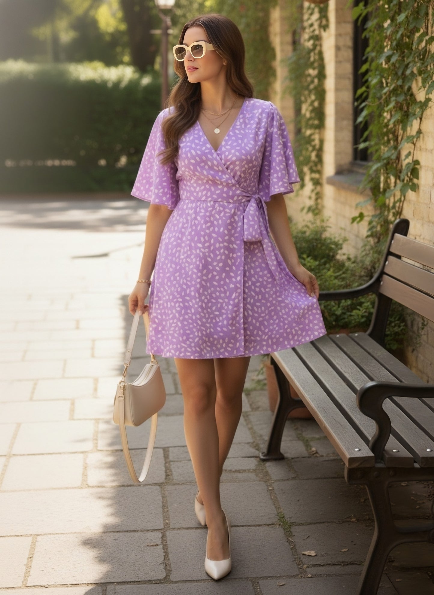 Berrylush Women Purple & White Abstract Printed V-Neck Flutter Sleeves Tie-Up Waist Curved Hem Fit & Flare Mini Jumpsuit