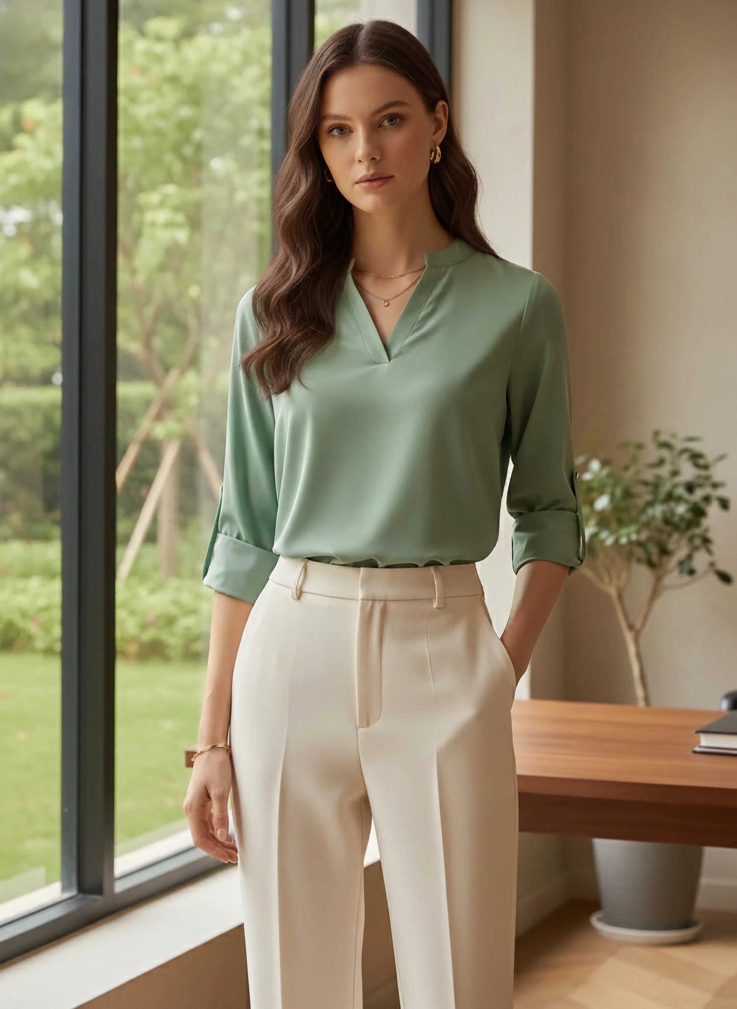 Berrylush BIZwear Women Solid Green Mandarin Collar Neck Long Sleeves Curved Hem Regular Shirt