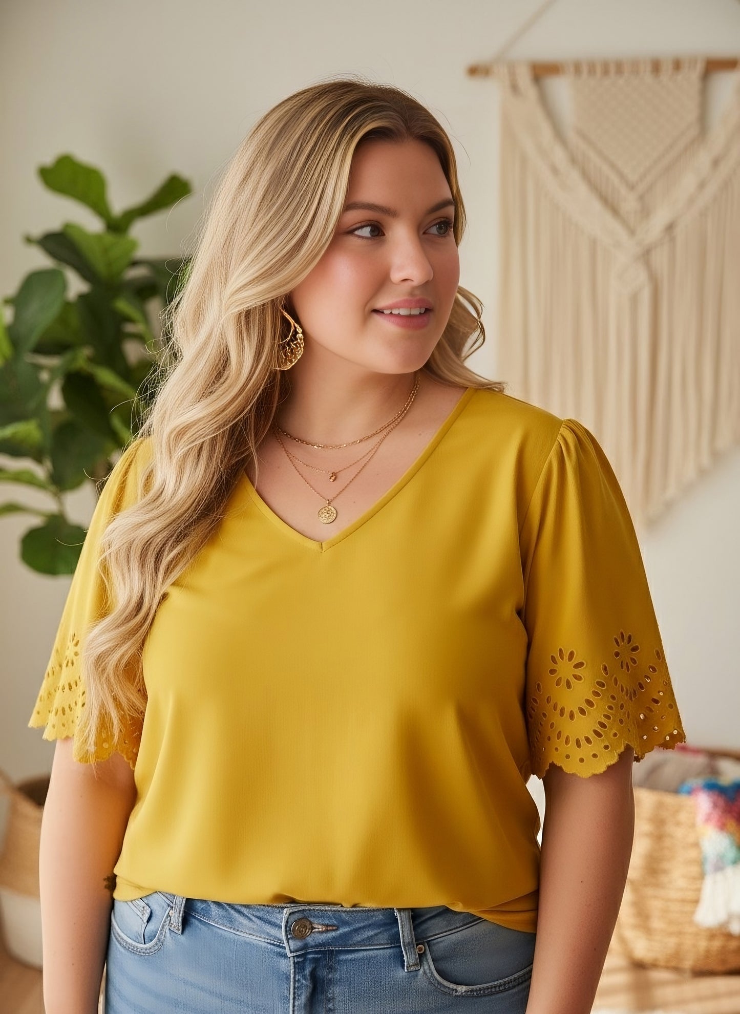 Berrylush Women Plus Size Solid Yellow V-Neck Cutout Sleeve Crepe Regular Top