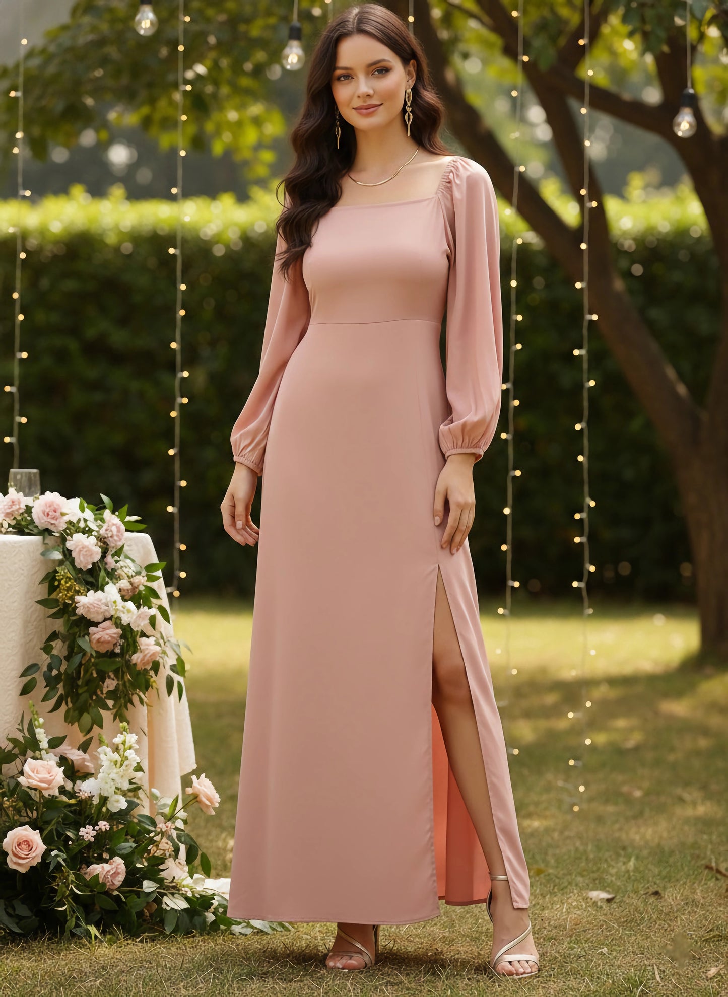 Berrylush Women Solid Peach Square Neck Slim-Fit Maxi Dress