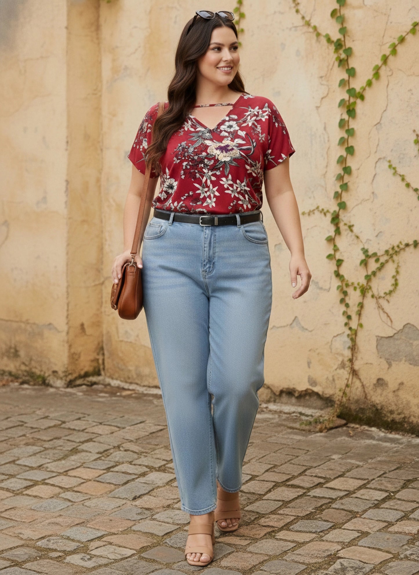 Curve Red & White Floral Printed V-Neck Woven Front Single-Strip Crepe Regular Top
