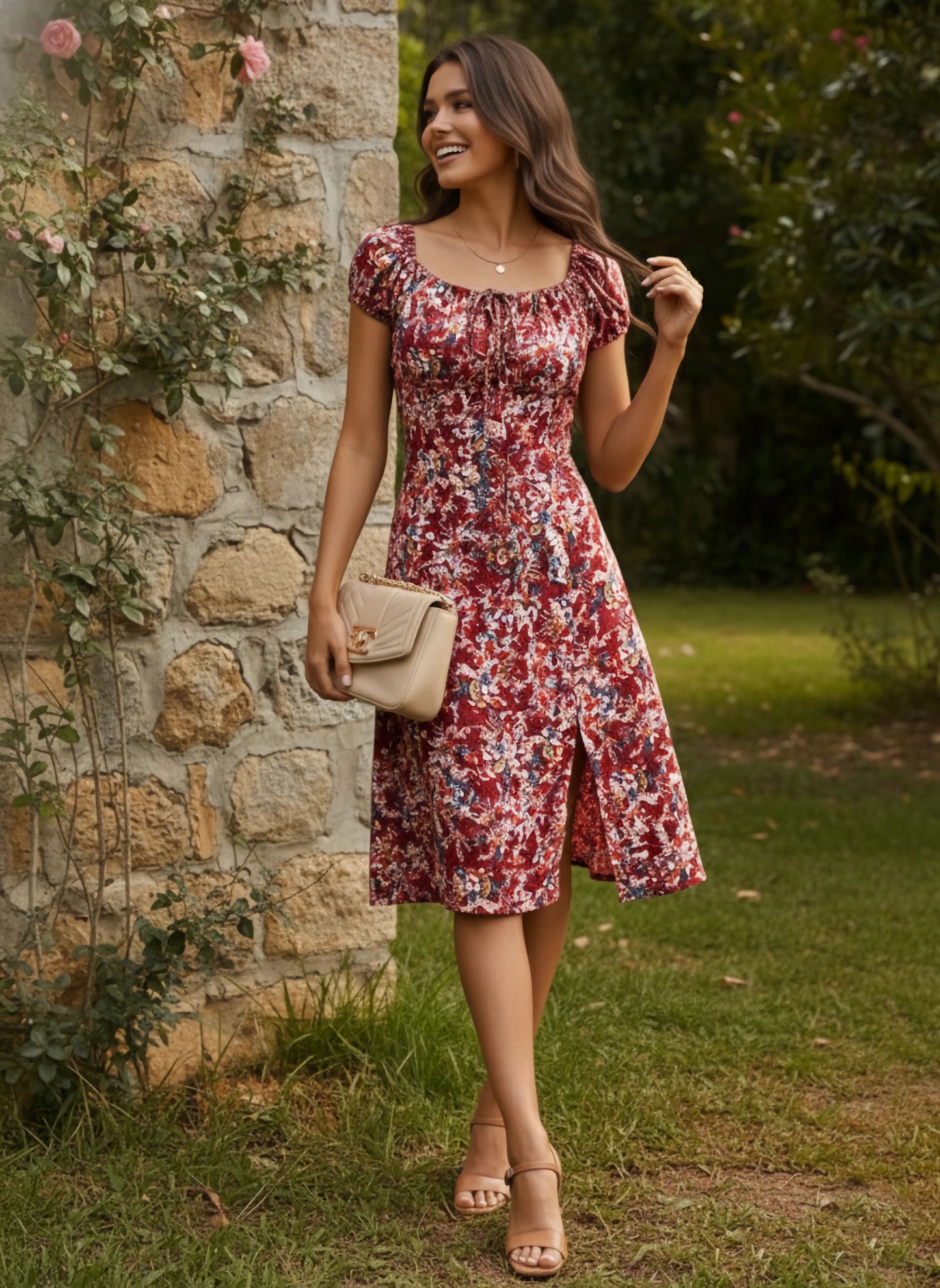 Berrylush Women Maroon & White Ditsy Floral Printed Tie-Up Sweetheart Neck Ruched A-Line Midi Dress