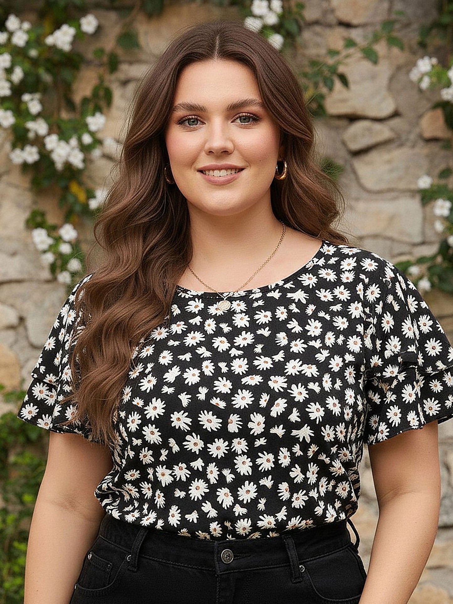 Berrylush Women Plus Size Black & White Floral Printed V-Neck Flutter Sleeve Crepe Regular Top
