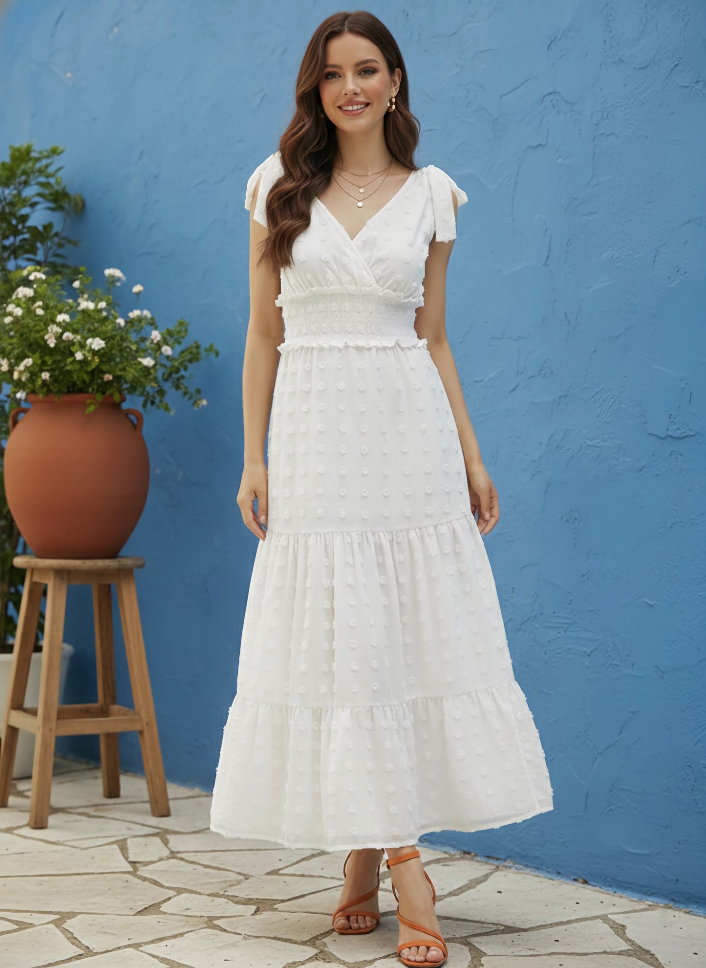 Berrylush Women White Self-Design Pattern V-Neck Sleeveless Tie-Up Straps Smocked Maxi Dress