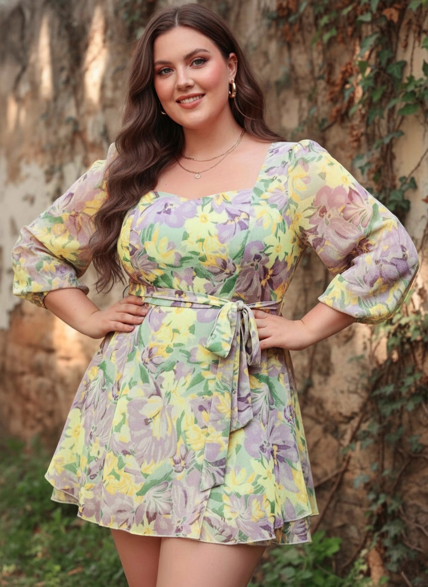 Berrylush Women Plus Size Purple & Yellow Floral Printed Sweetheart Neck Tie-Up Waist Layered Mini Jumpsuit