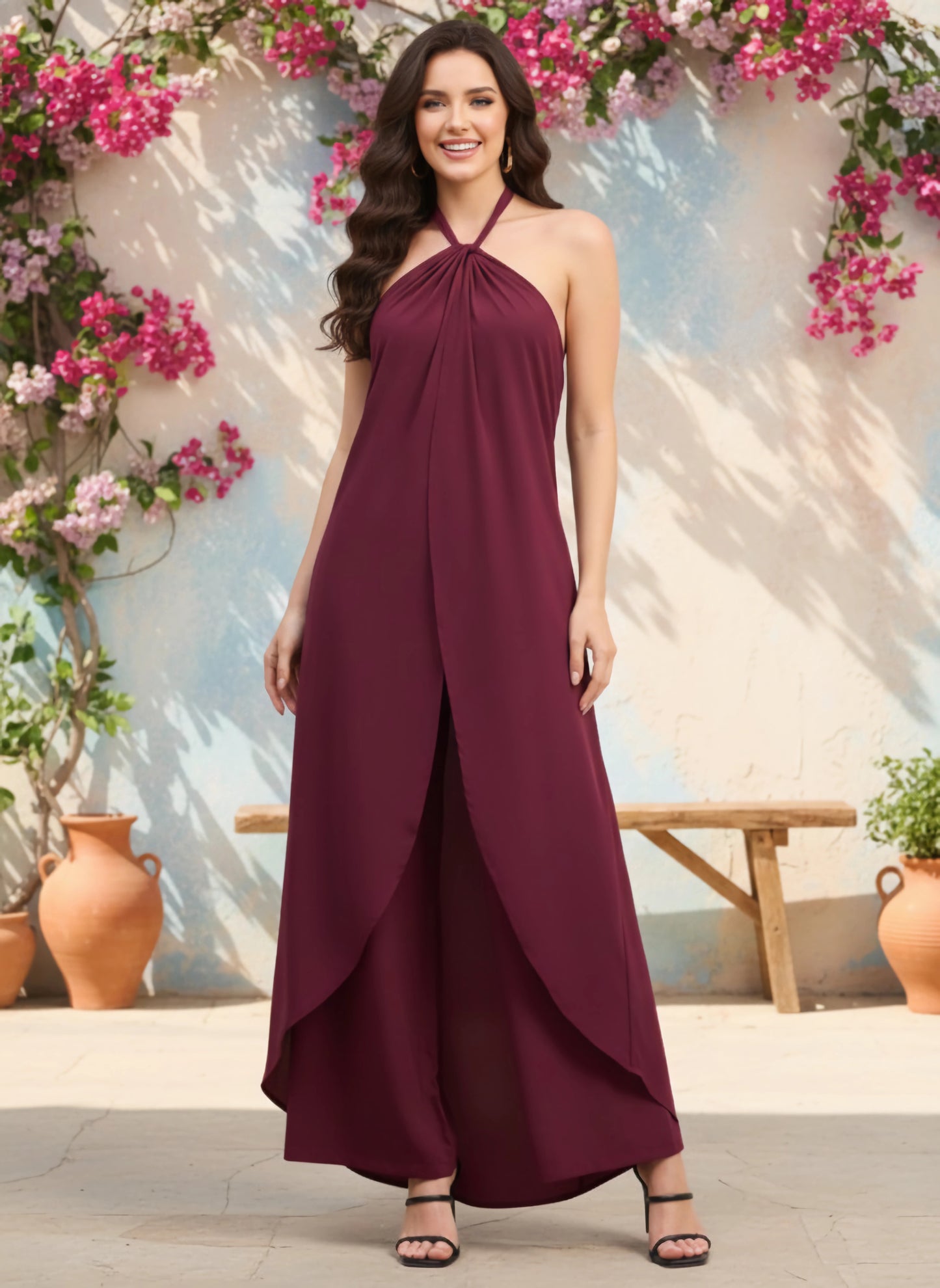 Berrylush Women Solid Maroon Halter Neck Sleeveless Backless Tie-Up Asymmetrical Hem Longline Top & Slip-On Straight Hem Maxi Palazzo Co-Ord Set