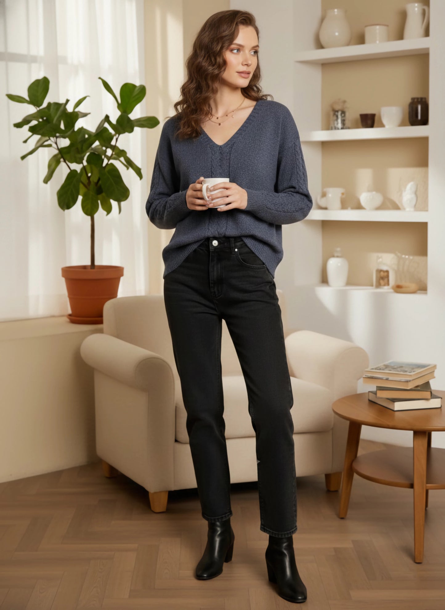 Berrylush Women Solid Grey V-Neck Drop-Shoulder Sleeves Acrylic Straight Hem Knitted Regular Sweater