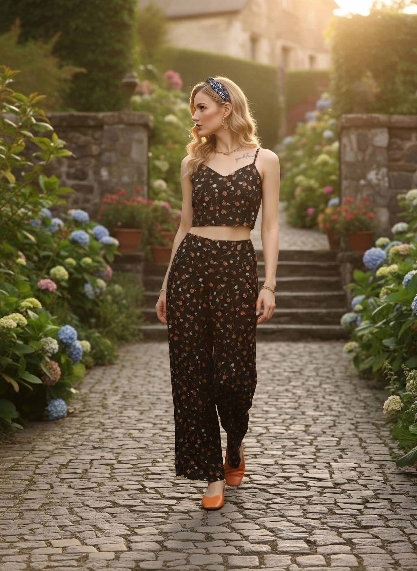 Berrylush Women Black & Orange Floral Printed V-Neck Crop Top & Side-Slit Trousers Co-Ord Set