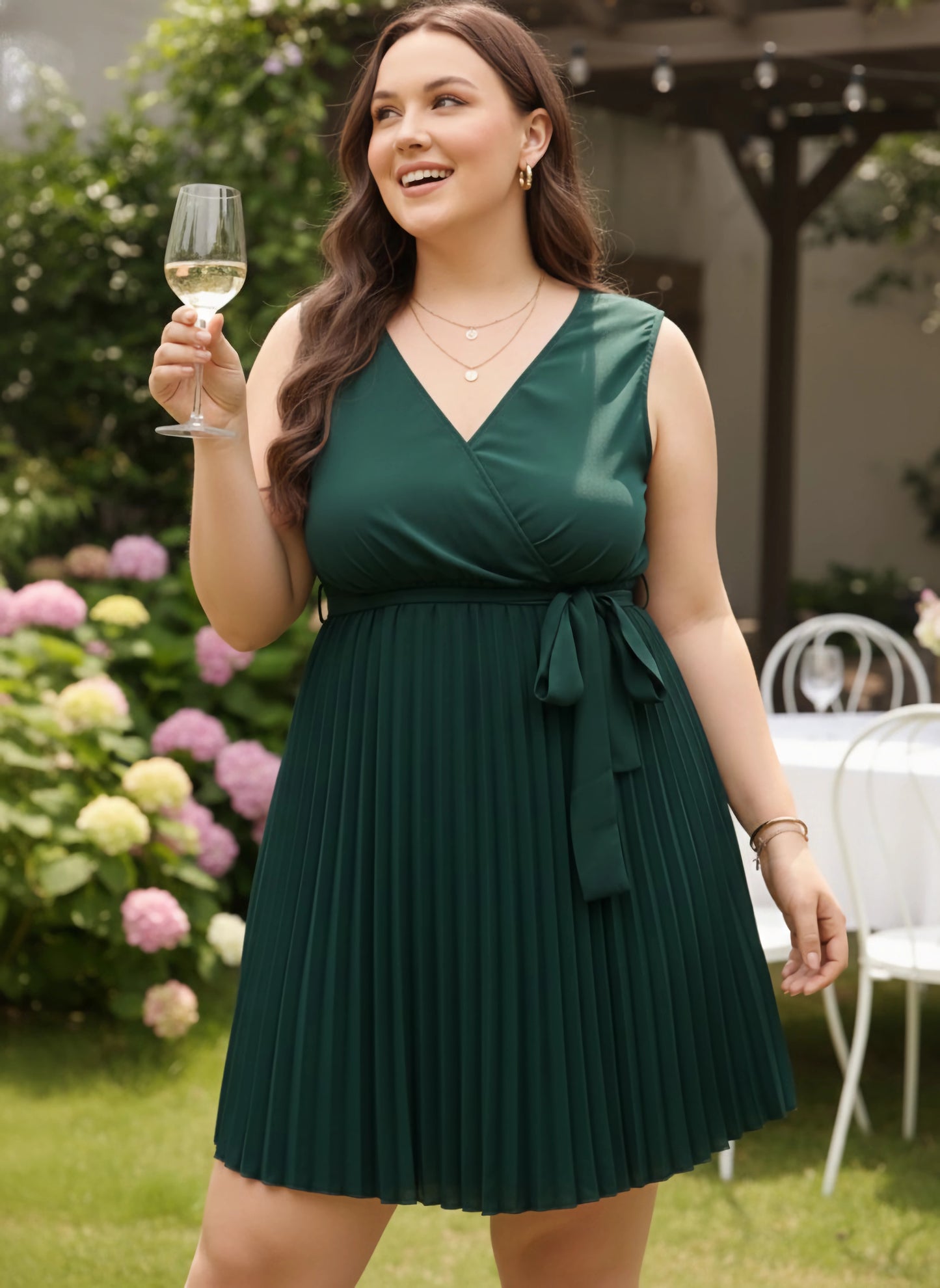 Berrylush Curve Women Solid Green V-Neck Sleeveless Waist Tie-Up Pleated A-Line Mini Dress