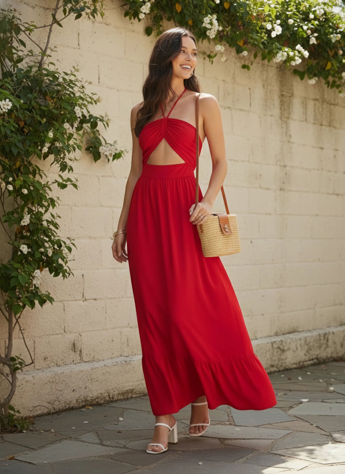 Berrylush Women Red Solid Halter Neck Tie Backless Maxi Dress