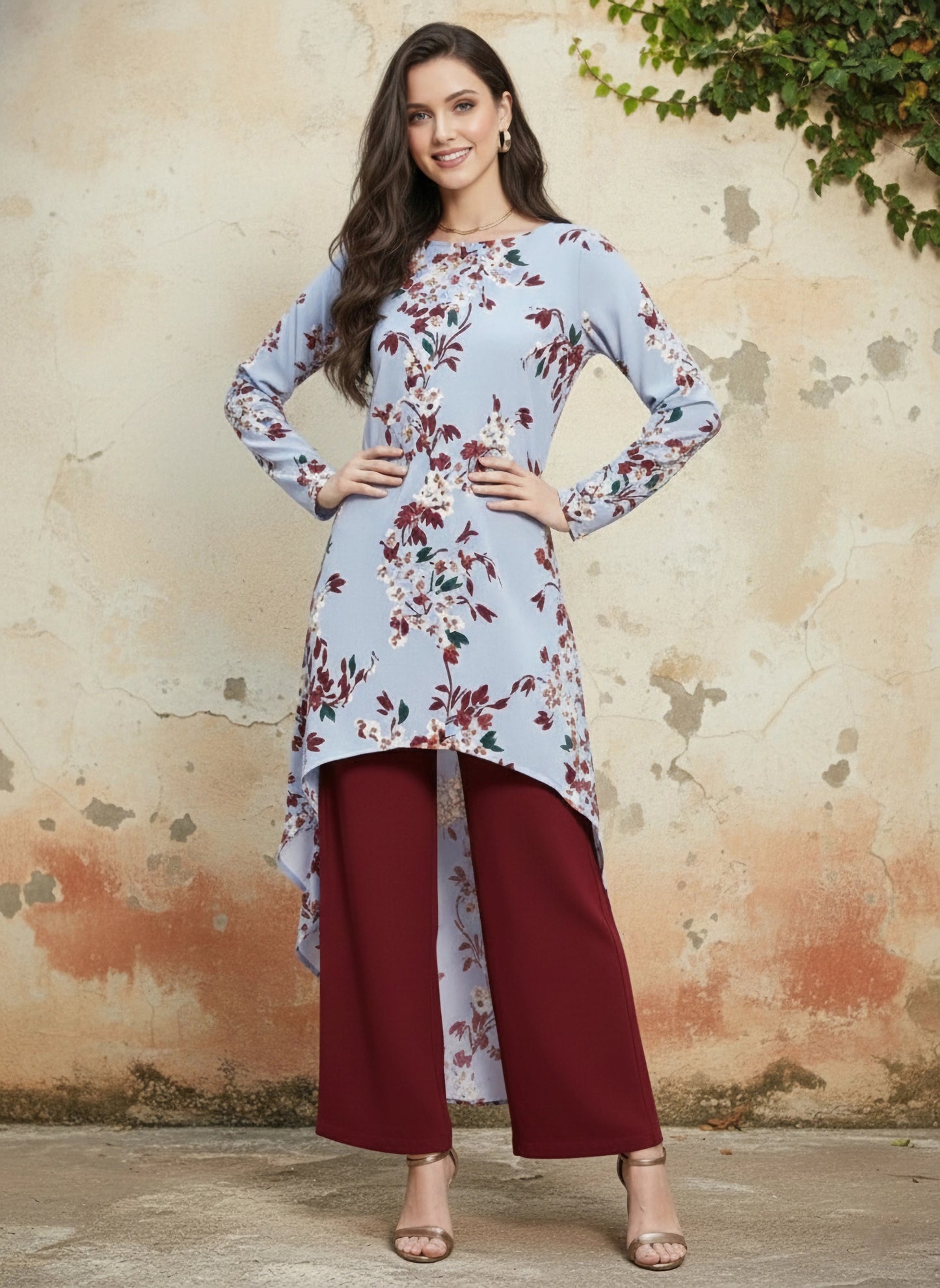 Berrylush Women Blue Floral Printed Round Neck High Low Top