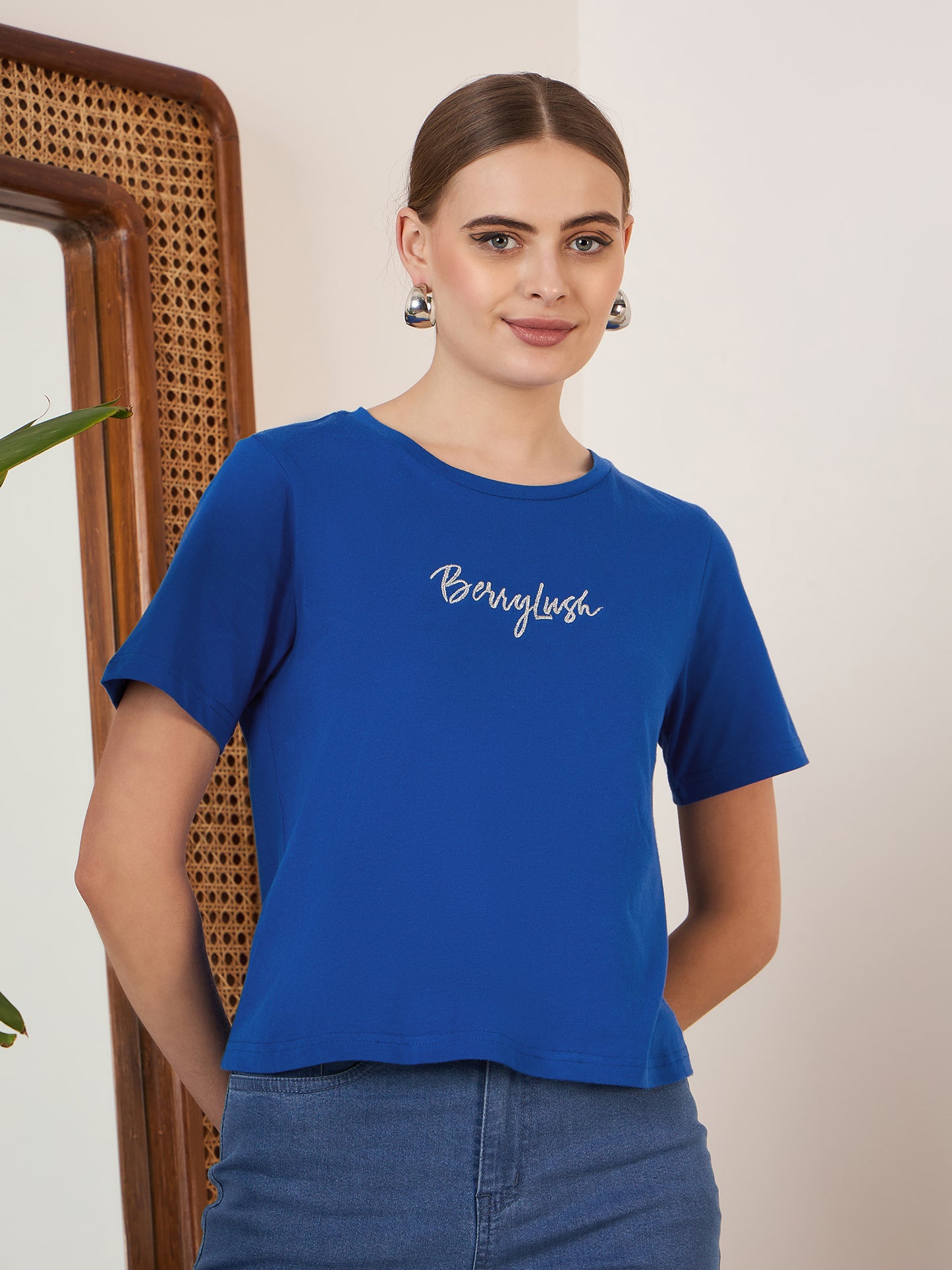 Berrylush Women Solid Blue Round Neck Front Brand Logo Short Sleeves Knitted Regular T-Shirt