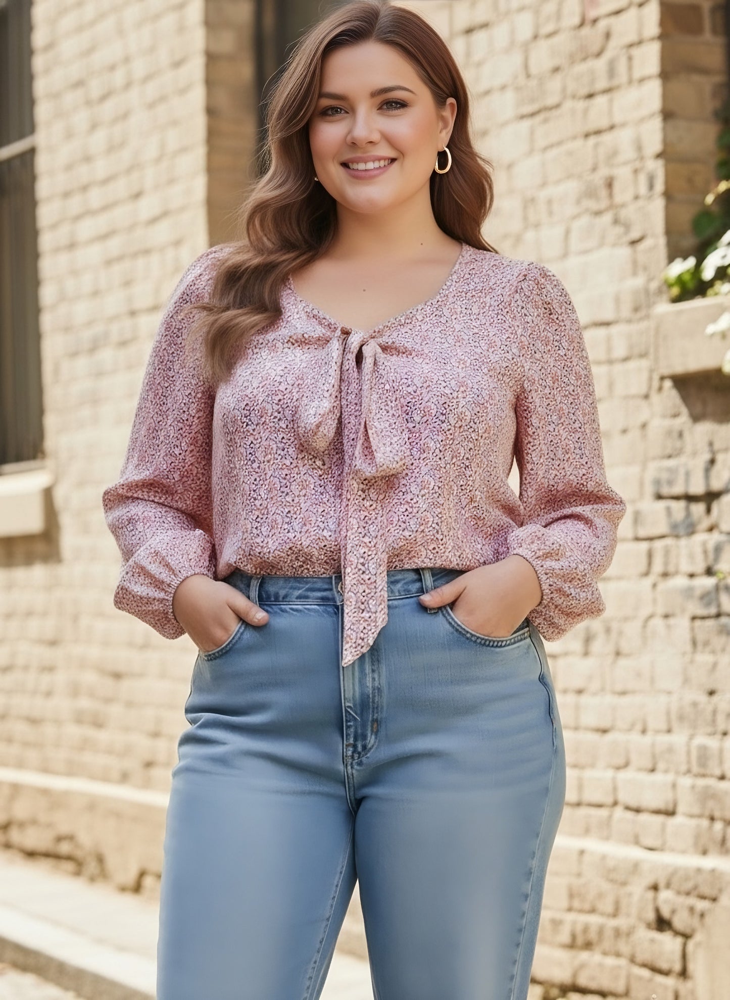 Berrylush Curve Women White & Pink Floral Printed Sweetheart Neck Bishop Sleeves Tie-Up Front Regular Top