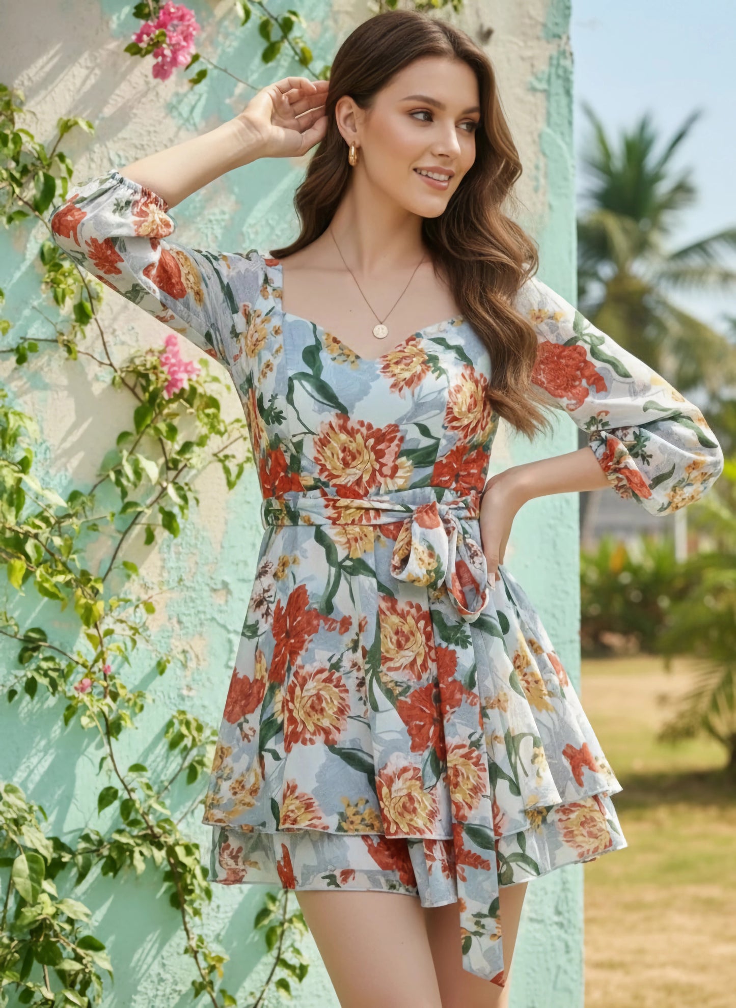 Berrylush Women Blue & Rust Orange Floral Printed Sweetheart Neck Tie-Up Waist Layered Mini Jumpsuit