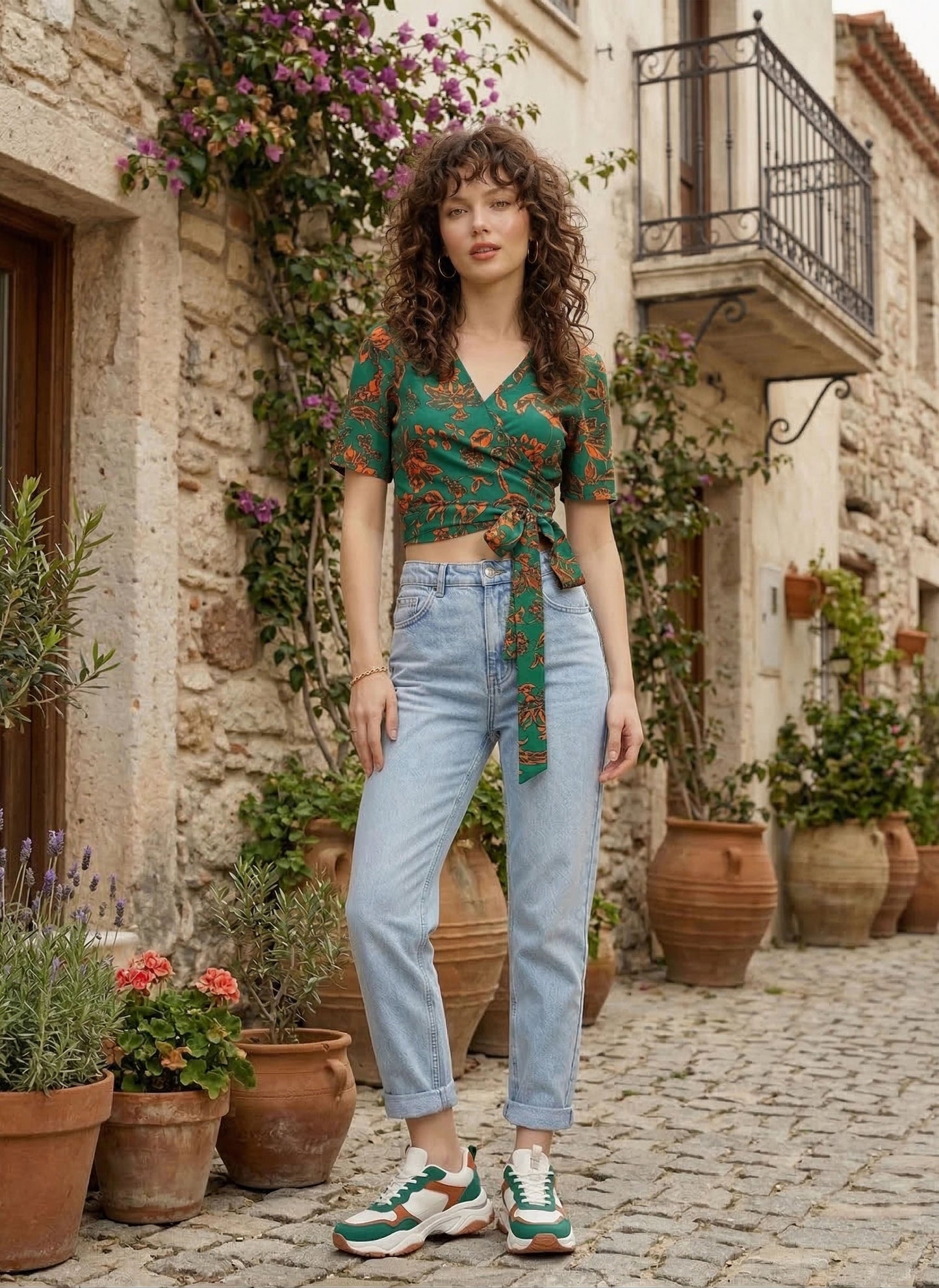 Green & Orange Floral Printed V-Neck Puff Sleeves Waist Tie-Up Wrap Cropped Top