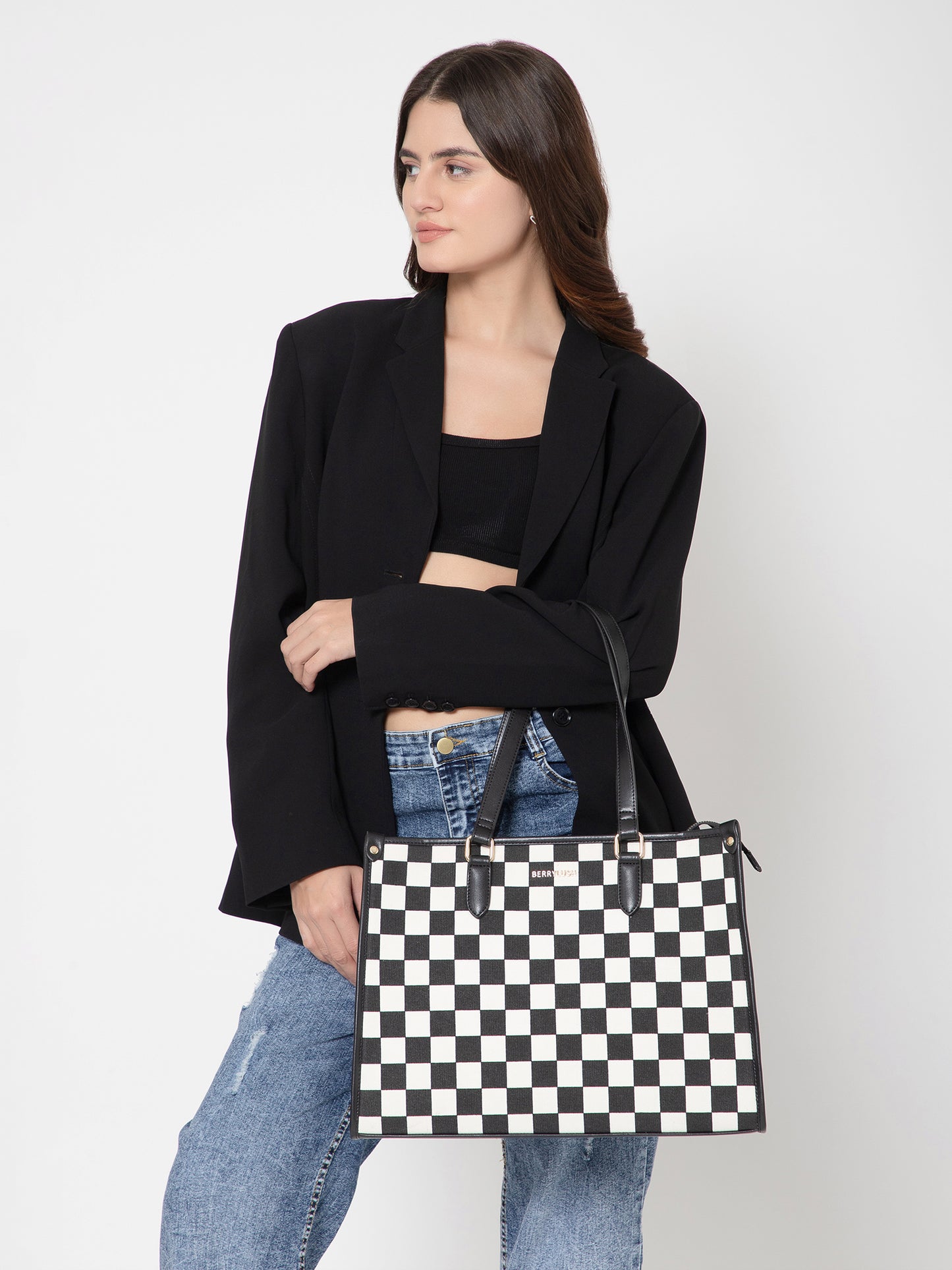 Berrylush Women White Checked Two Handles Casual Shoulder Bag