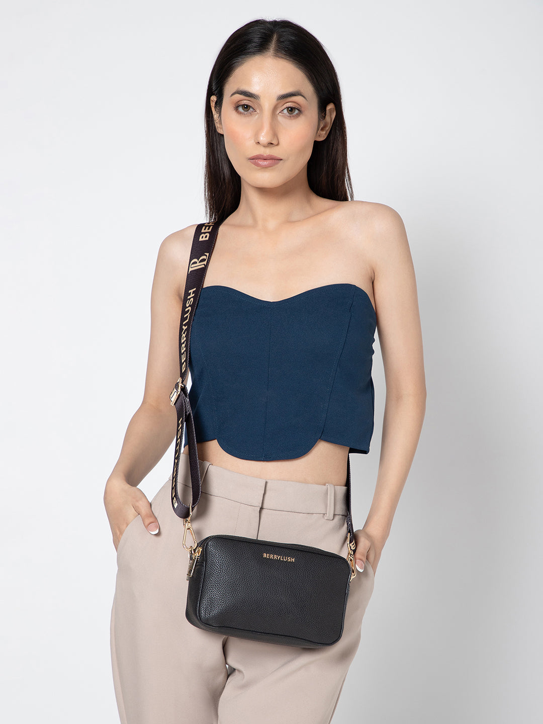 Berrylush Women Solid Black Synthetic Leather Detachable Strap Logo Embellished Regular Sling Bag