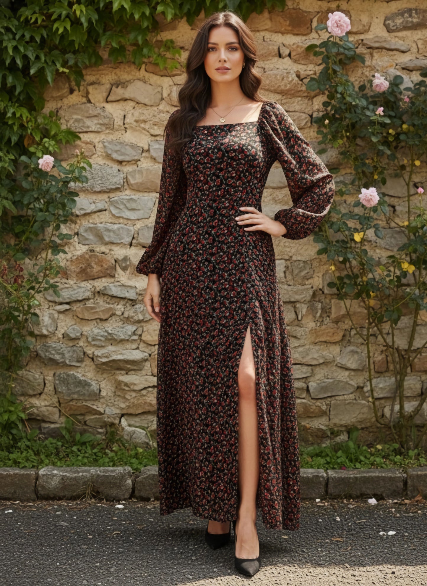 Berrylush Women Black & Red Floral Printed Square Neck Puff Sleeves Crepe Flared Maxi Dress