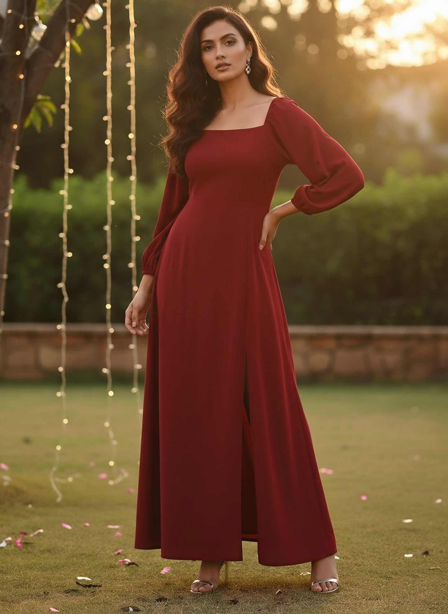 Berrylush Women Solid Red Puffed Sleeve Maxi Dress