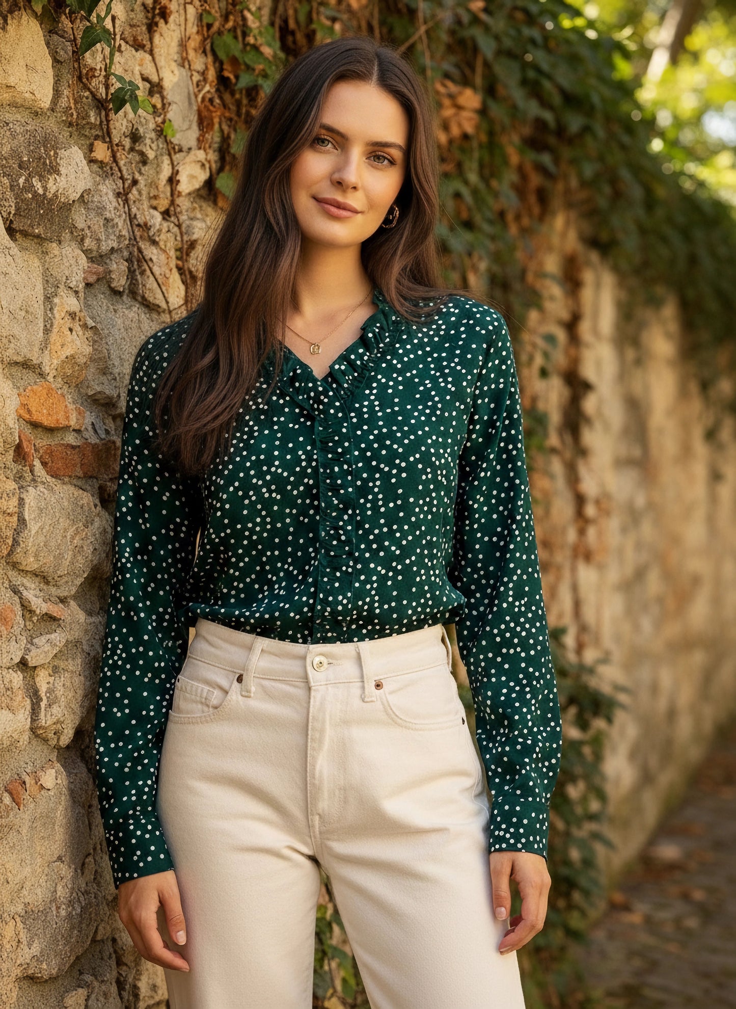 Green & White Polka Dot Printed V-Neck Long Sleeves Pleated Regular Top
