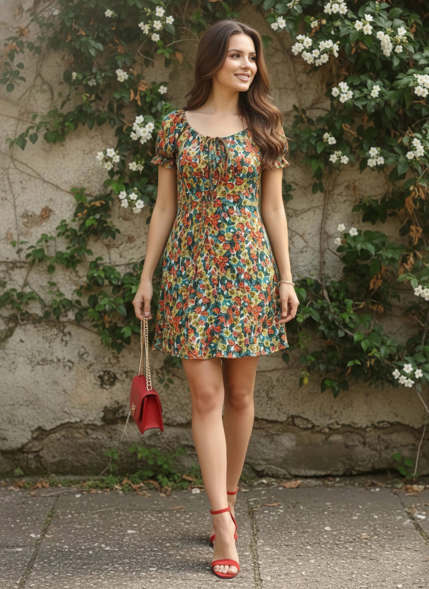 Berrylush Women Red Floral Printed Ruched Bust Bodycon Mini Dress