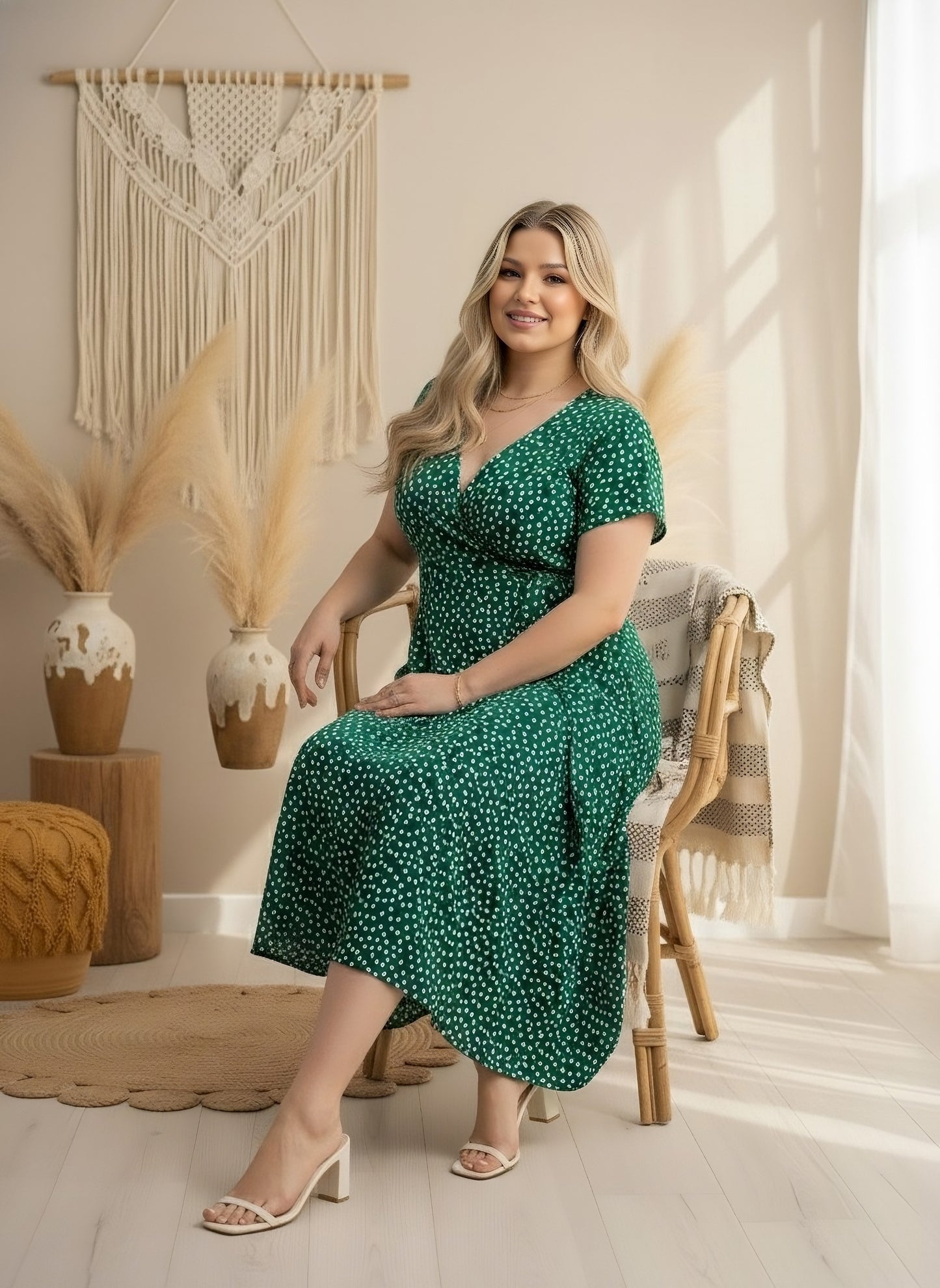 Berrylush Curve Women Green & White Floral Printed V-Neck Flutter Sleeve Waist Tie-Up Straight Hem Wrap Midi Dress