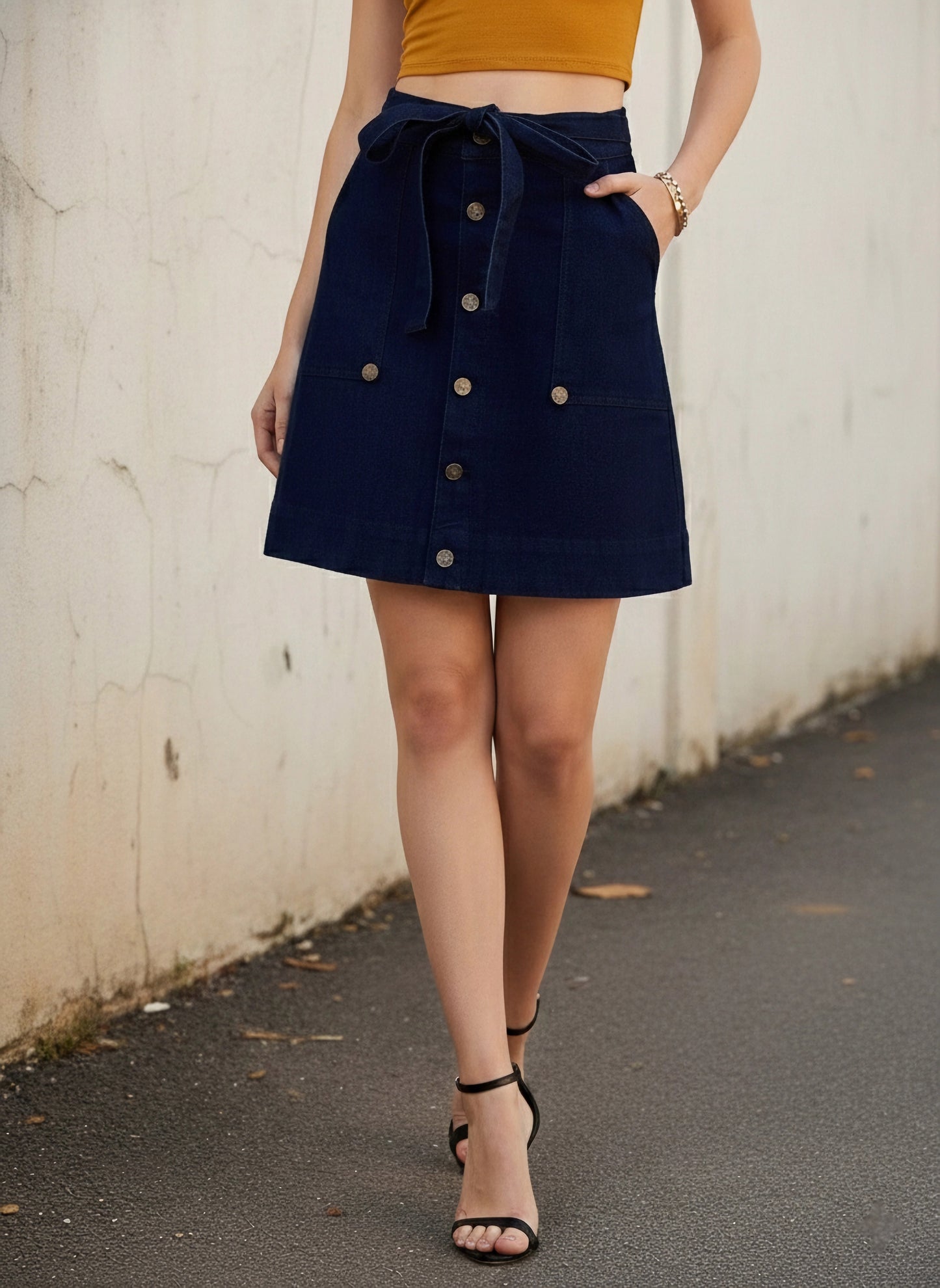 Solid Navy Blue High-Rise Waist Denim Front Tie-Up Button-Up Straight Hem Flared A-Line Mini Skirt