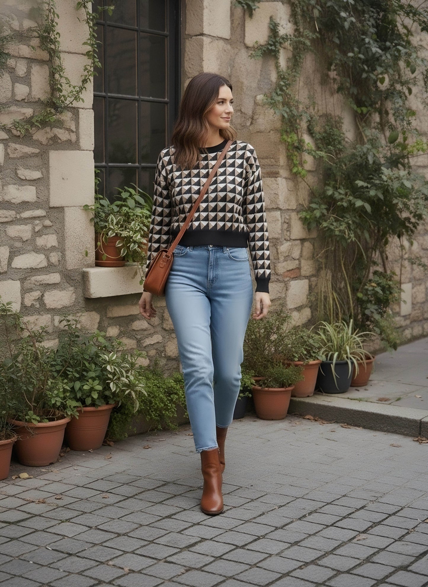 Berrylush Women Black Geometrical Printed Round Neck Drop-Shoulder Sleeves Acrylic Straight Hem Knitted Crop Sweater