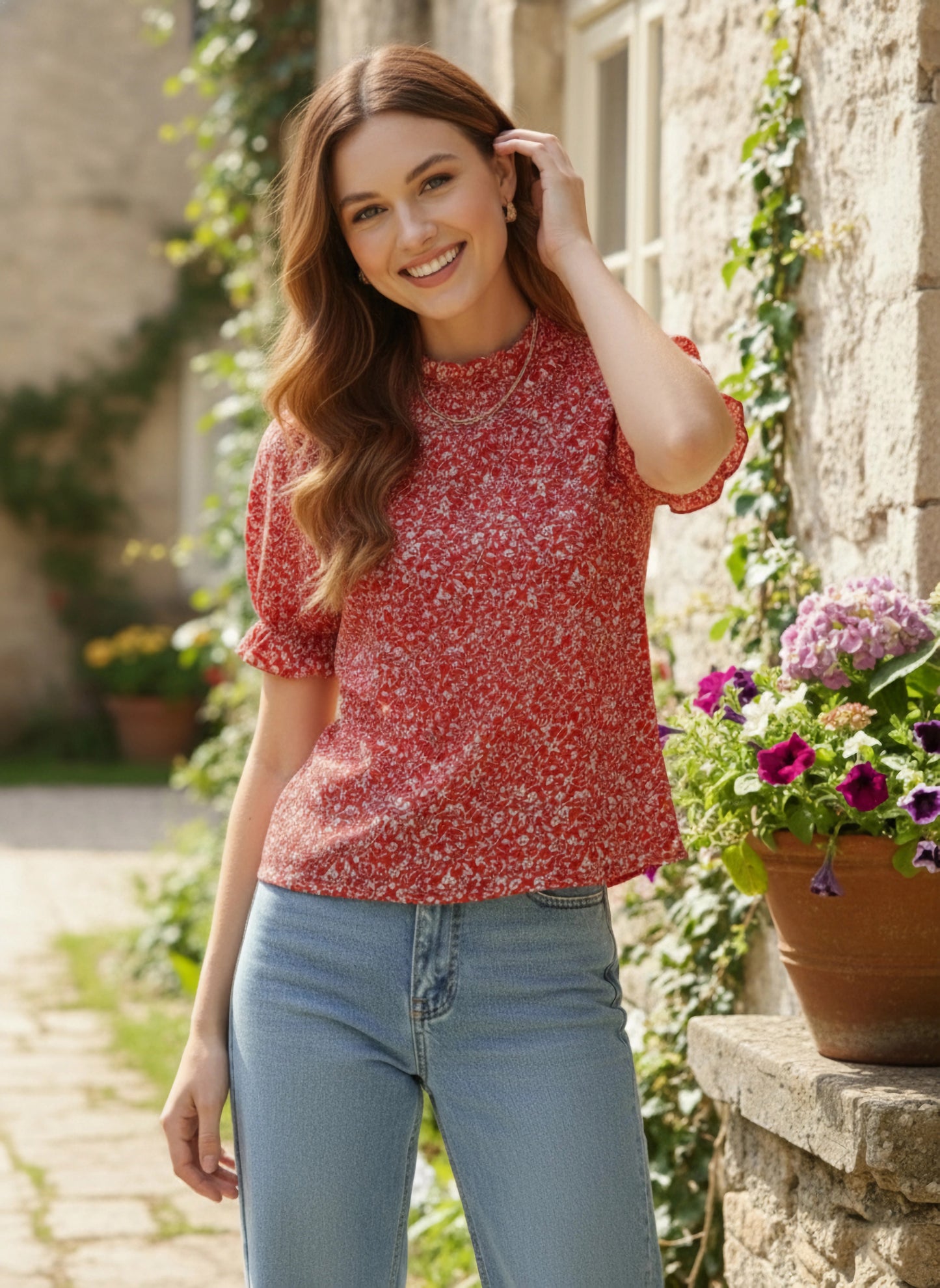 Berrylush Women Red & White Floral Printed High Neck Keyhole Back Pleated Regular Top