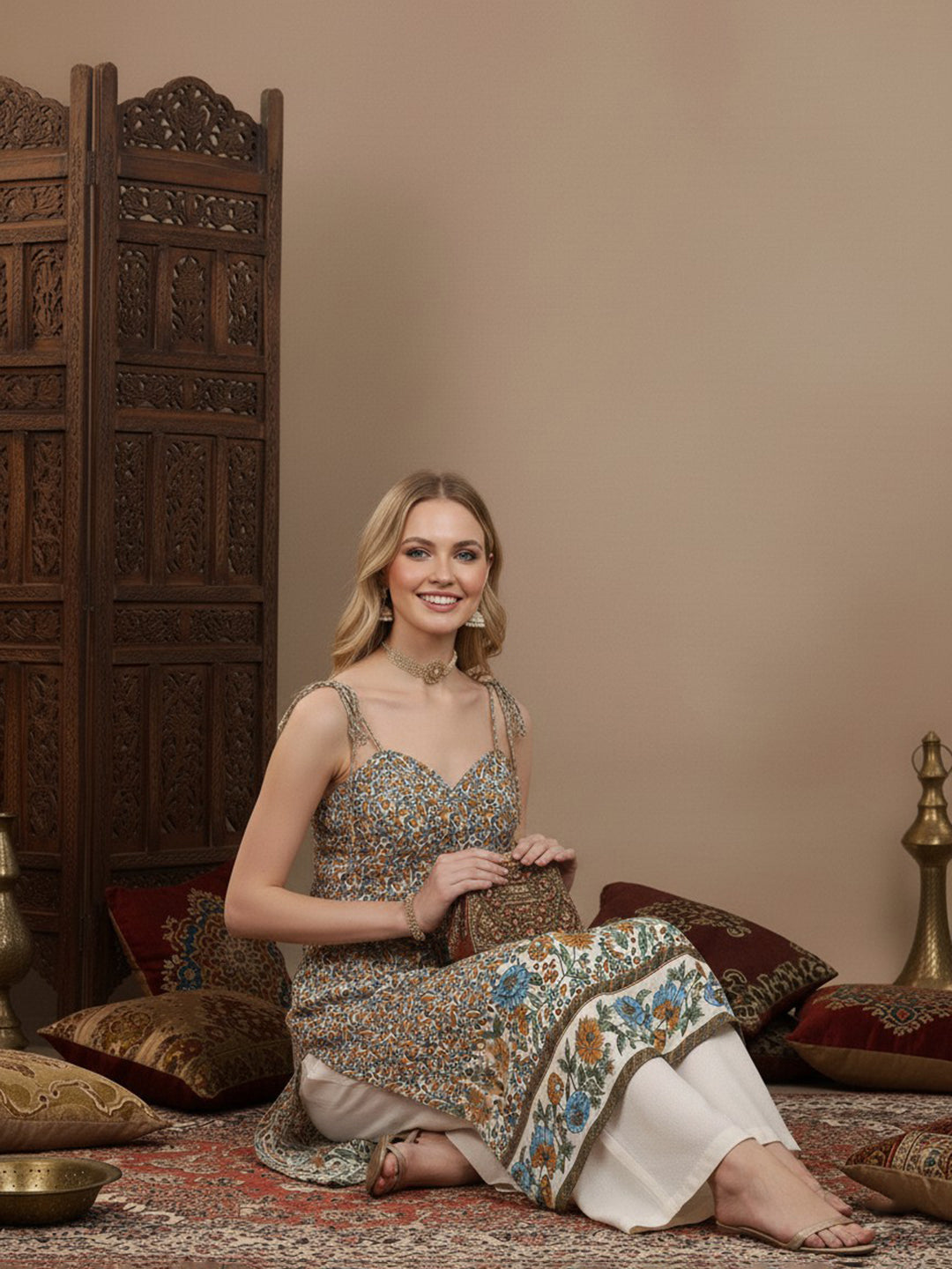 Berrylush Women White & Blue Floral Printed Sweetheart Neck Tie-Up Strap Straight Midi Kurta