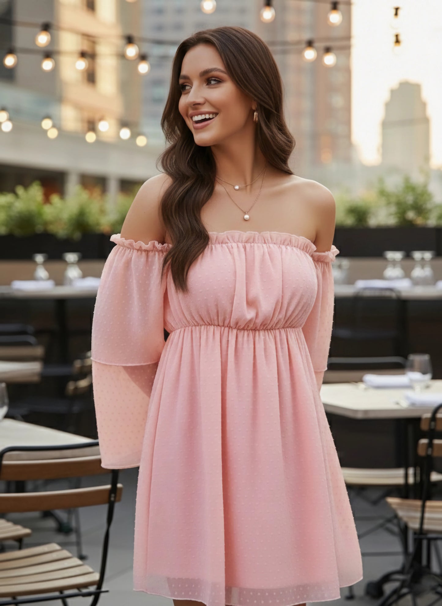 Solid Pink Dobby Weave Off-Shoulder Neck Flutter Sleeve Ruffled A-Line Mini Dress